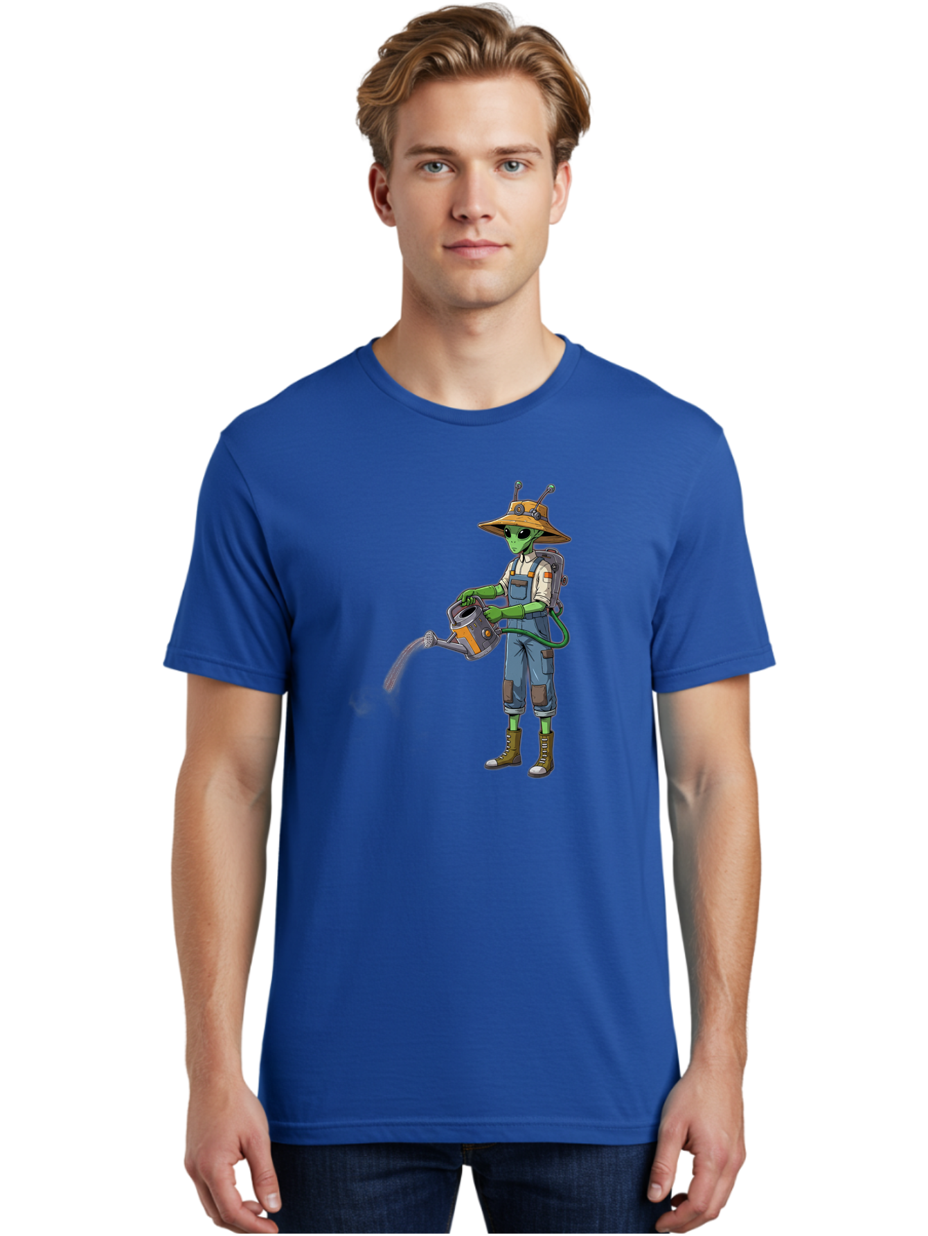 Alien-Gardener Men'S Graphic Tee, 100% Cotton, Comfortable Casual Summer Wear, Machine Washable, Alien Gardener, Watering Can, Gardening Tools, Green Skin, Futuristic Gardening, Cartoon Character, Science Fiction, Gardening Gloves, Overalls, Baa127 28