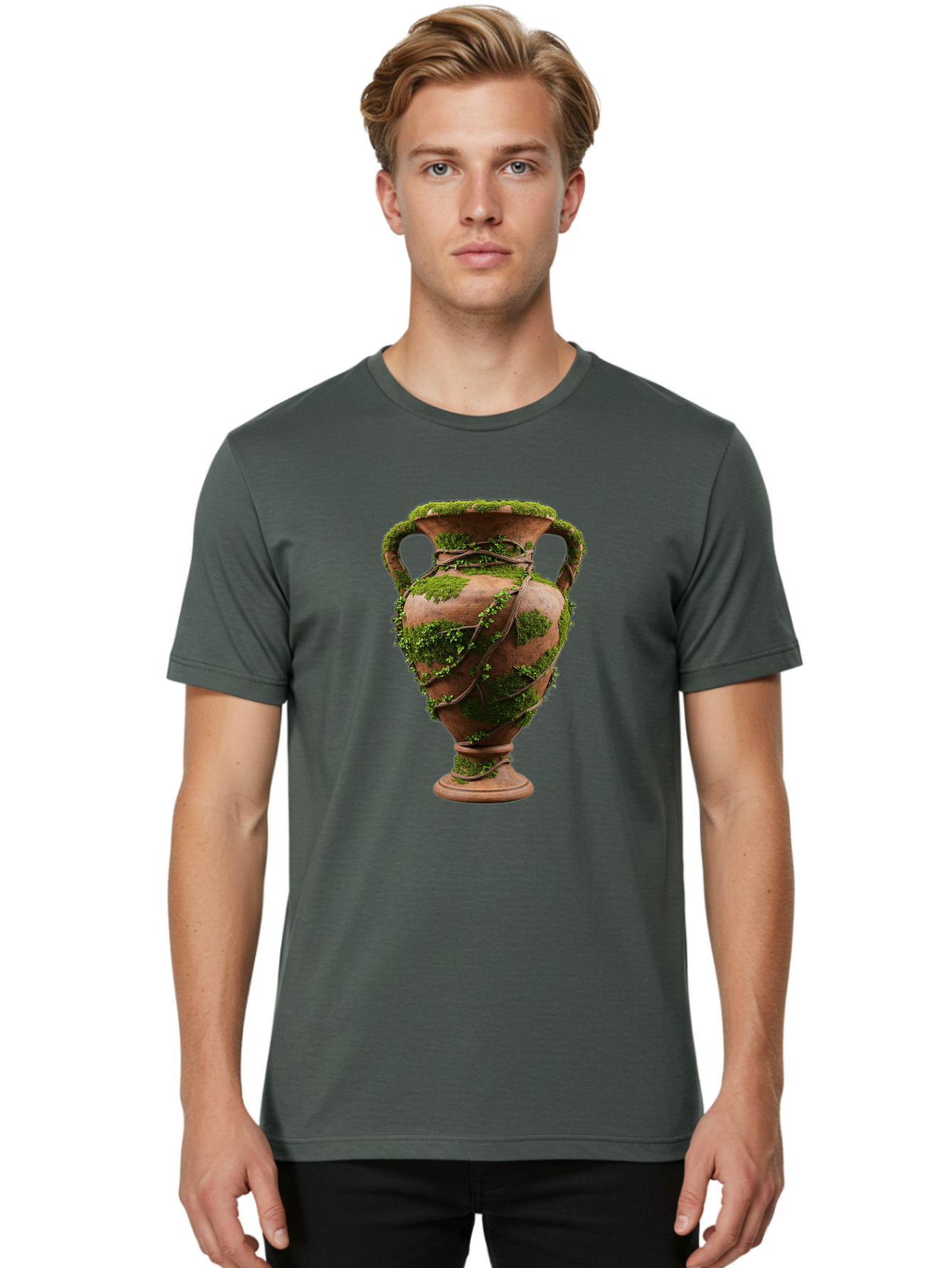 Amphora Men'S Graphic Tee, 100% Cotton, Comfortable Casual Summer Wear, Machine Washable, Moss And Vines, Terracotta Vase, Greenery, Rustic Charm, Natural Decor, Earthy Tones, Botanical Elements, Vintage Pottery, Eclectic Style Baa128 2