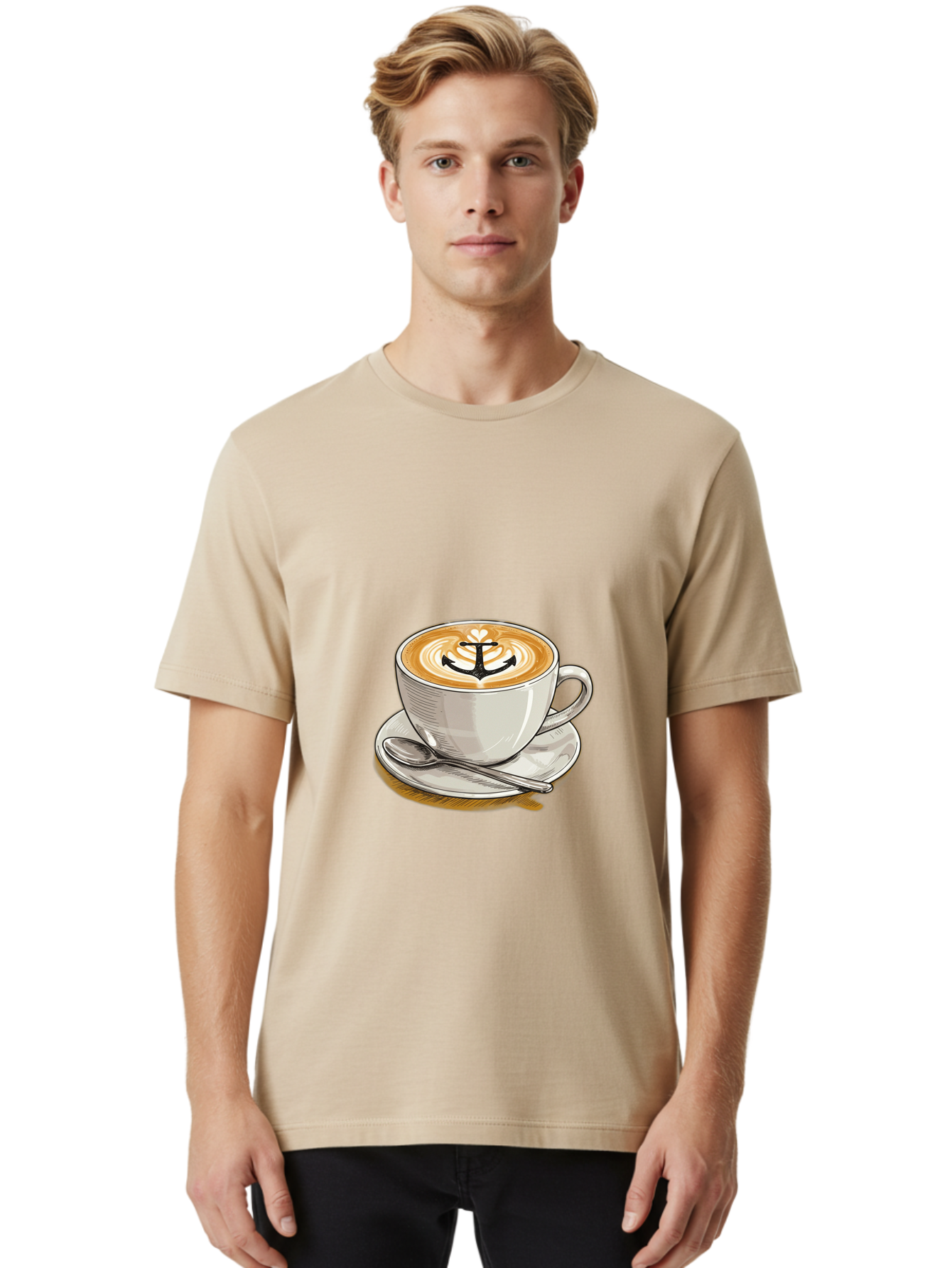 Anchor-Coffee Men'S Graphic Tee, 100% Cotton, Comfortable Casual Summer Wear, Machine Washable, Latte Art, Coffee Cup, Coffee Design, Anchor Symbol, Coffee Culture, Artistic Coffee, Coffee Drink, Saucer And Spoon, Coffee Art Baa129 2