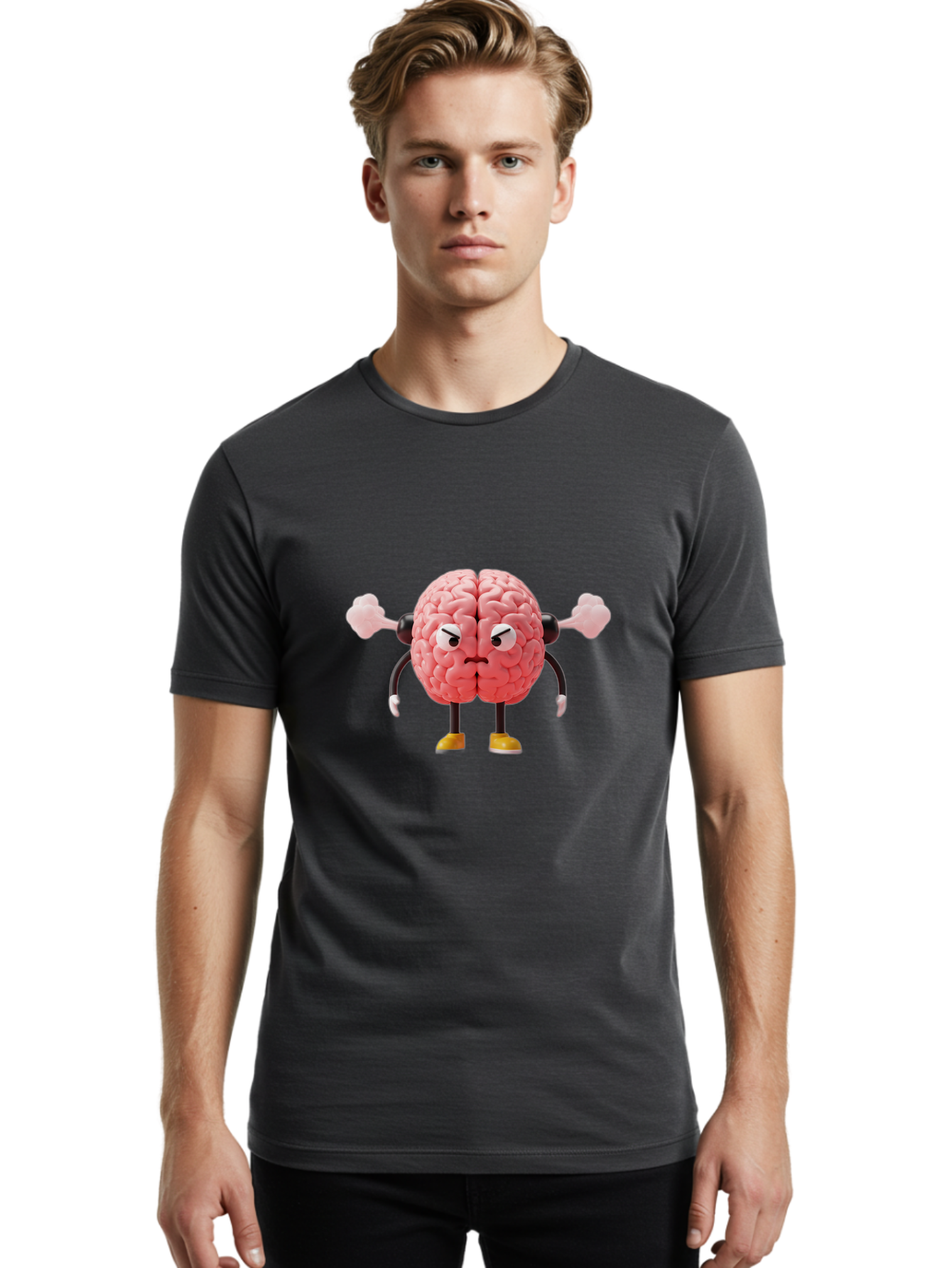 Angry-Brain-1 Men'S Graphic Tee, 100% Cotton, Comfortable Casual Summer Wear, Machine Washable, Angry Brain Character, Flexing Arms, Strong Brain, Cartoon Brain, Humorous Illustration, Brain With Attitude, Funny Brain Character, Baa130 12