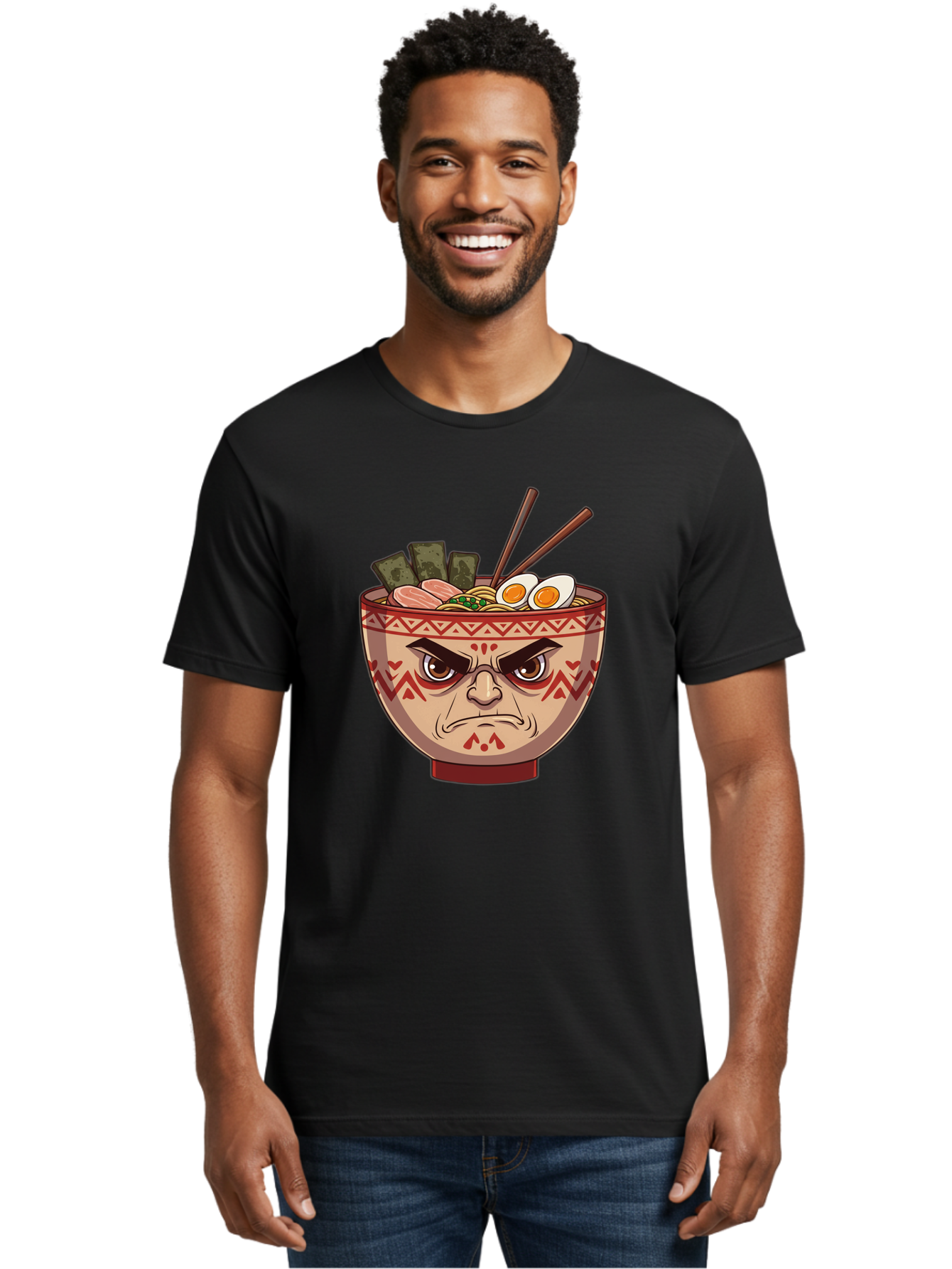 Angry-Ramen Men'S Graphic Tee, 100% Cotton, Comfortable Casual Summer Wear, Machine Washable, Angry Ramen Bowl, Angry Face, Ramen Noodles, Boiled Egg, Seaweed, Chopsticks, Kawaii, Cartoon Character, Ramen Toppings, Angry Eyes Baa134 24