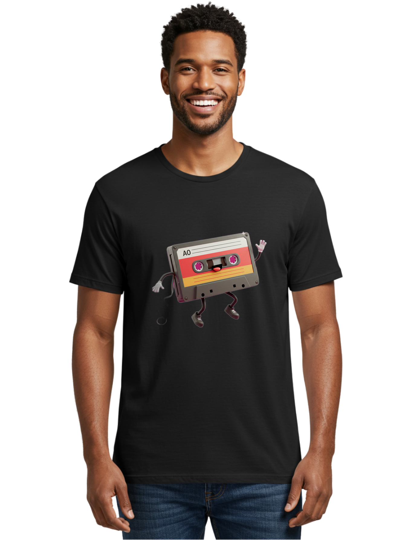 Ao-Cassette Men'S Graphic Tee, 100% Cotton, Comfortable Casual Summer Wear, Machine Washable, Retro Cassette Tape, Character Design, Anthropomorphic Object, Music Nostalgia, Vintage Technology, 80S And 90S Memorabilia, Funky Illustration, Baa136 12