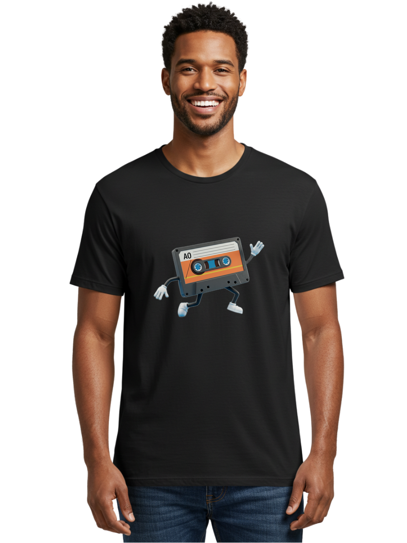 Ao-Mixtape Men'S Graphic Tee, 100% Cotton, Comfortable Casual Summer Wear, Machine Washable, Cartoon Cassette Tape, Vintage Music, Retro Technology, Orange Label, Ao Label, Black Plastic, White Gloves, Dancing Cassette, Funny Character, Baa137 6