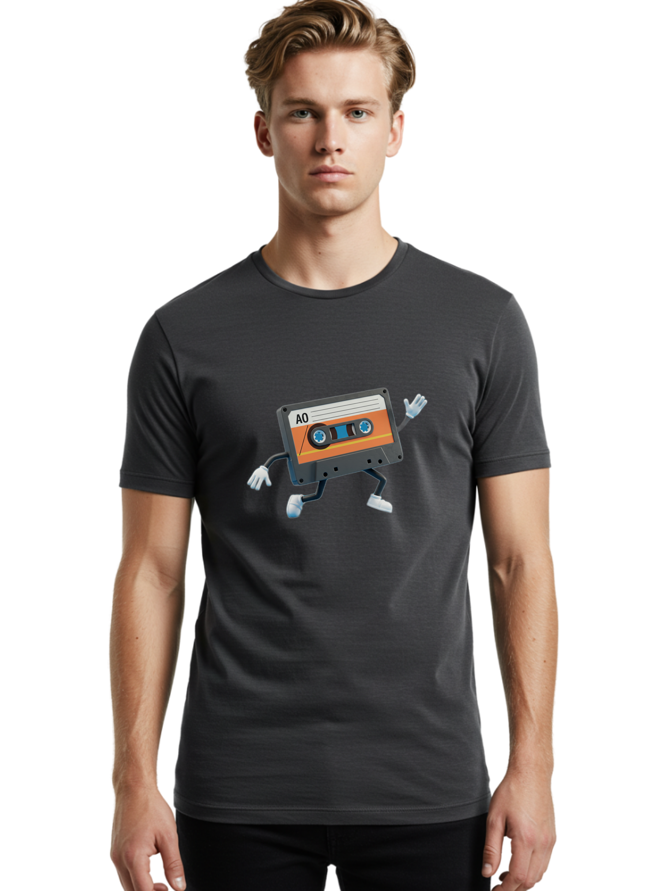 Ao-Mixtape Men'S Graphic Tee, 100% Cotton, Comfortable Casual Summer Wear, Machine Washable, Cartoon Cassette Tape, Vintage Music, Retro Technology, Orange Label, Ao Label, Black Plastic, White Gloves, Dancing Cassette, Funny Character, Baa137 2