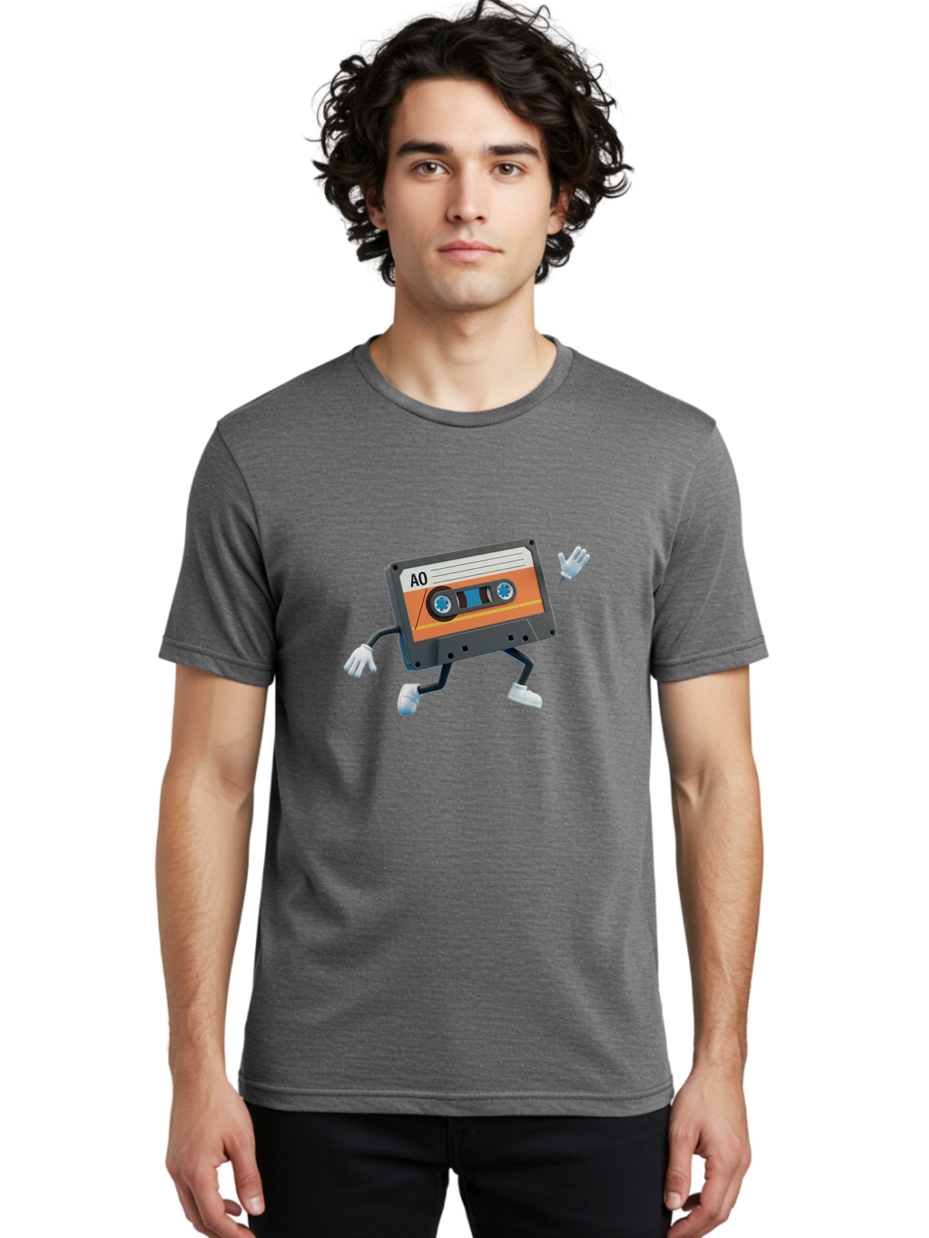 Ao-Mixtape Men'S Graphic Tee, 100% Cotton, Comfortable Casual Summer Wear, Machine Washable, Cartoon Cassette Tape, Vintage Music, Retro Technology, Orange Label, Ao Label, Black Plastic, White Gloves, Dancing Cassette, Funny Character, Baa137 18