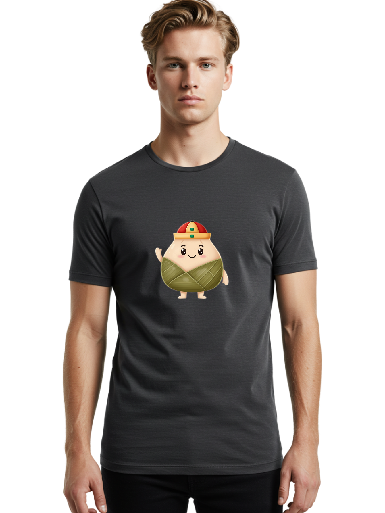 Bak-Chang Men'S Graphic Tee, 100% Cotton, Comfortable Casual Summer Wear, Machine Washable, Zongzi Cartoon Character, Dumpling Wrapped In Leaves, Chinese Traditional Food, Kawaii Illustration, Smiling Dumpling, Cute Mascot, Festive Hat, Baa145 12