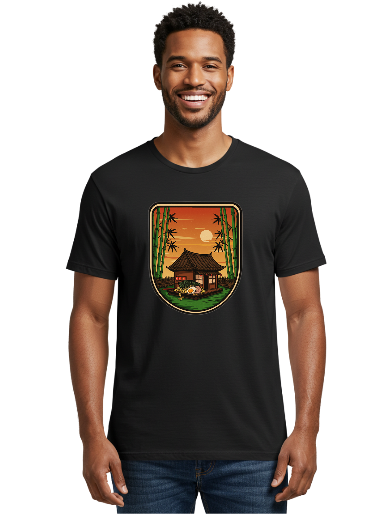 Bamboo-House Men'S Graphic Tee, 100% Cotton, Comfortable Casual Summer Wear, Machine Washable, Sake Bottle, Bamboo Forest, Traditional Japanese House, Serene Landscape, Peaceful Atmosphere, Japanese Culture, Evening Scene, Full Moon, Baa147 26