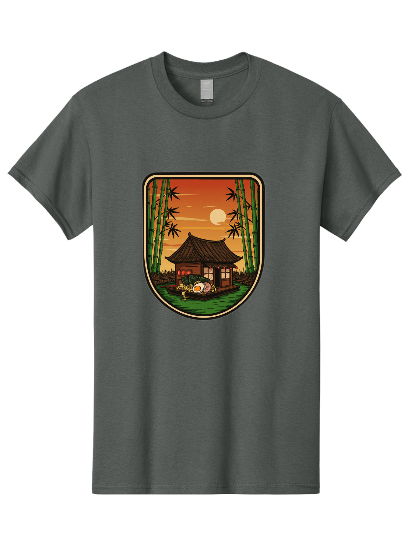 Bamboo-House Men'S Graphic Tee, 100% Cotton, Comfortable Casual Summer Wear, Machine Washable, Sake Bottle, Bamboo Forest, Traditional Japanese House, Serene Landscape, Peaceful Atmosphere, Japanese Culture, Evening Scene, Full Moon, Baa147 1