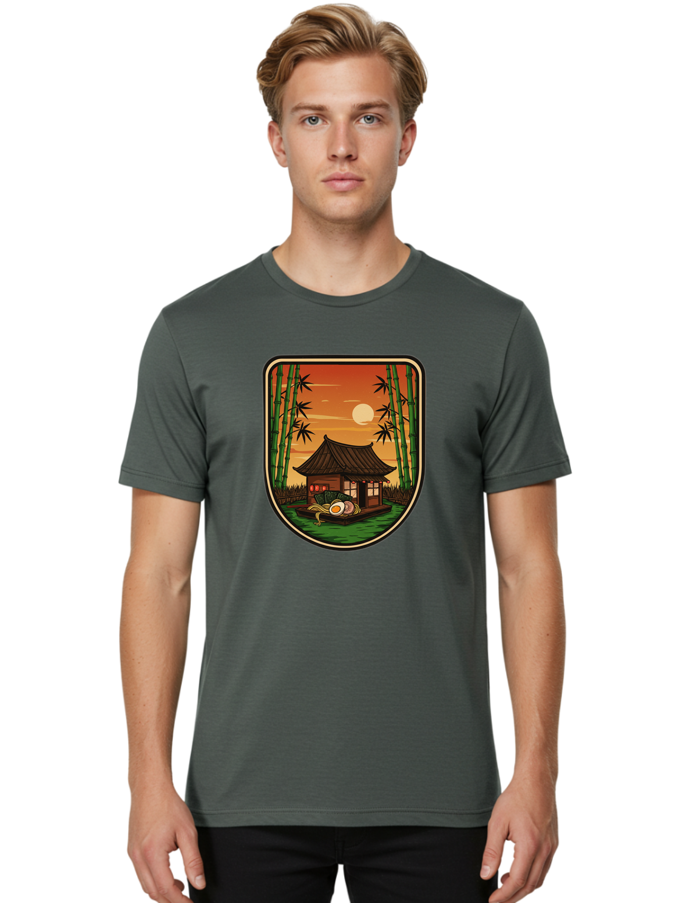 Bamboo-House Men'S Graphic Tee, 100% Cotton, Comfortable Casual Summer Wear, Machine Washable, Sake Bottle, Bamboo Forest, Traditional Japanese House, Serene Landscape, Peaceful Atmosphere, Japanese Culture, Evening Scene, Full Moon, Baa147 2