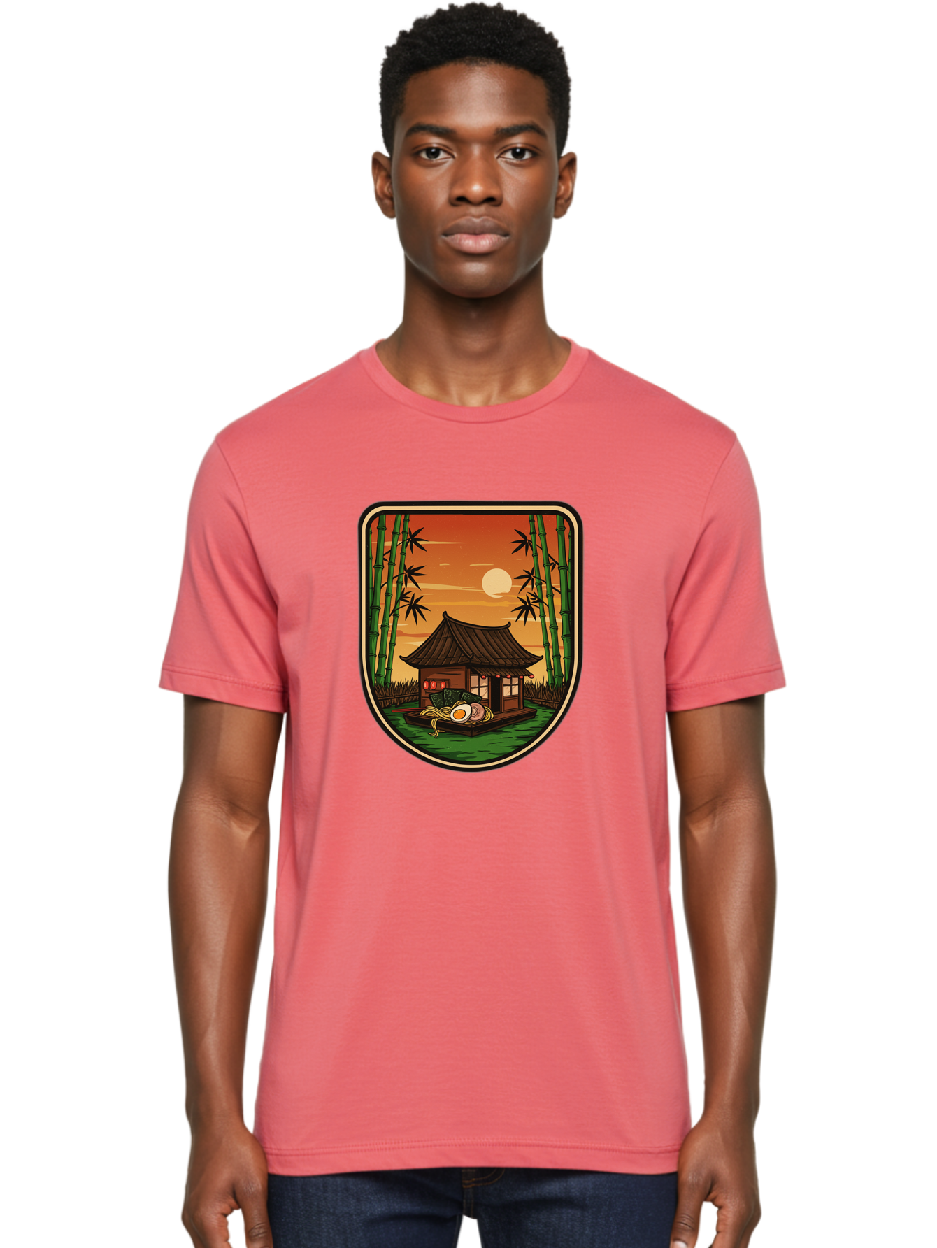 Bamboo-House Men'S Graphic Tee, 100% Cotton, Comfortable Casual Summer Wear, Machine Washable, Sake Bottle, Bamboo Forest, Traditional Japanese House, Serene Landscape, Peaceful Atmosphere, Japanese Culture, Evening Scene, Full Moon, Baa147 12
