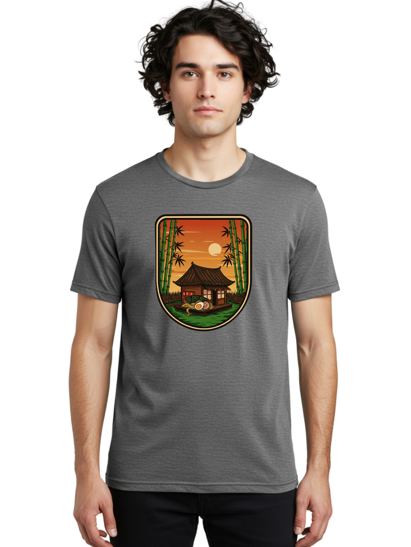 Bamboo-House Men'S Graphic Tee, 100% Cotton, Comfortable Casual Summer Wear, Machine Washable, Sake Bottle, Bamboo Forest, Traditional Japanese House, Serene Landscape, Peaceful Atmosphere, Japanese Culture, Evening Scene, Full Moon, Baa147 18