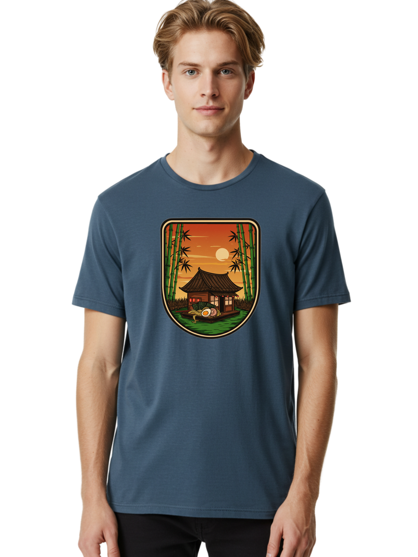 Bamboo-House Men'S Graphic Tee, 100% Cotton, Comfortable Casual Summer Wear, Machine Washable, Sake Bottle, Bamboo Forest, Traditional Japanese House, Serene Landscape, Peaceful Atmosphere, Japanese Culture, Evening Scene, Full Moon, Baa147 8