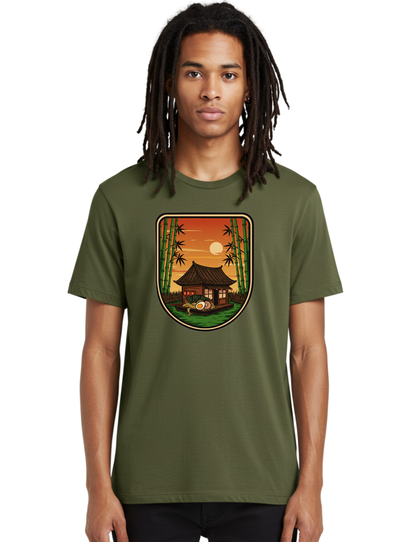 Bamboo-House Men'S Graphic Tee, 100% Cotton, Comfortable Casual Summer Wear, Machine Washable, Sake Bottle, Bamboo Forest, Traditional Japanese House, Serene Landscape, Peaceful Atmosphere, Japanese Culture, Evening Scene, Full Moon, Baa147 30