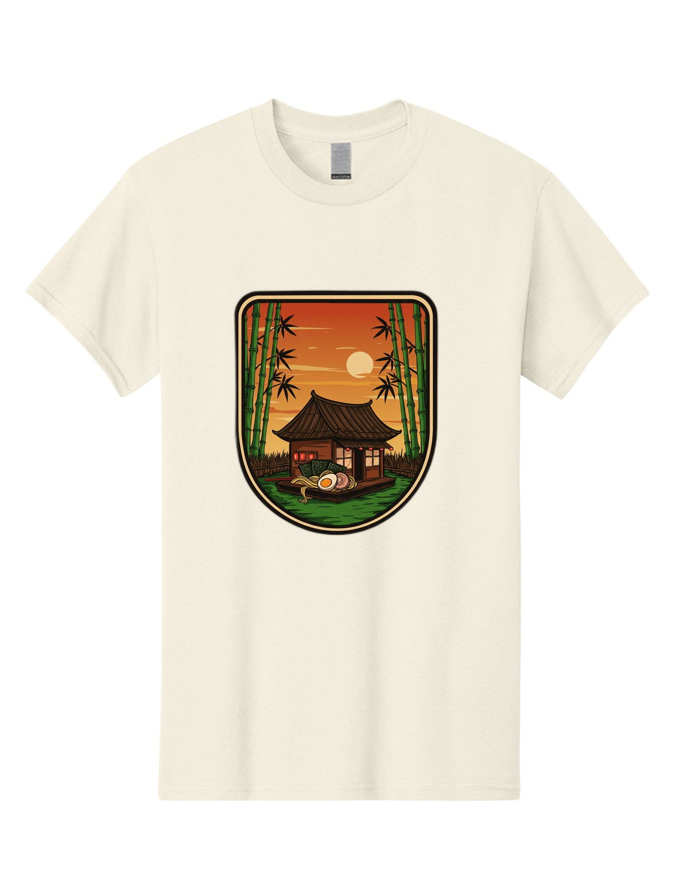 Bamboo-House Men'S Graphic Tee, 100% Cotton, Comfortable Casual Summer Wear, Machine Washable, Sake Bottle, Bamboo Forest, Traditional Japanese House, Serene Landscape, Peaceful Atmosphere, Japanese Culture, Evening Scene, Full Moon, Baa147 5
