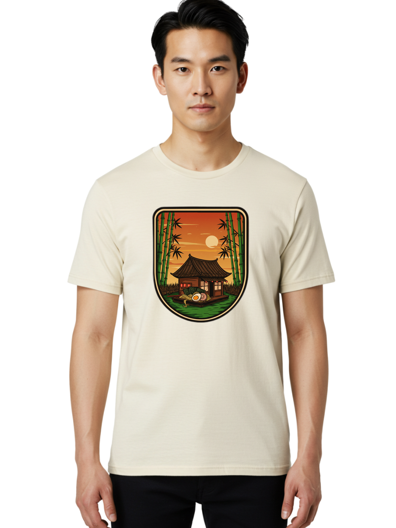 Bamboo-House Men'S Graphic Tee, 100% Cotton, Comfortable Casual Summer Wear, Machine Washable, Sake Bottle, Bamboo Forest, Traditional Japanese House, Serene Landscape, Peaceful Atmosphere, Japanese Culture, Evening Scene, Full Moon, Baa147 6