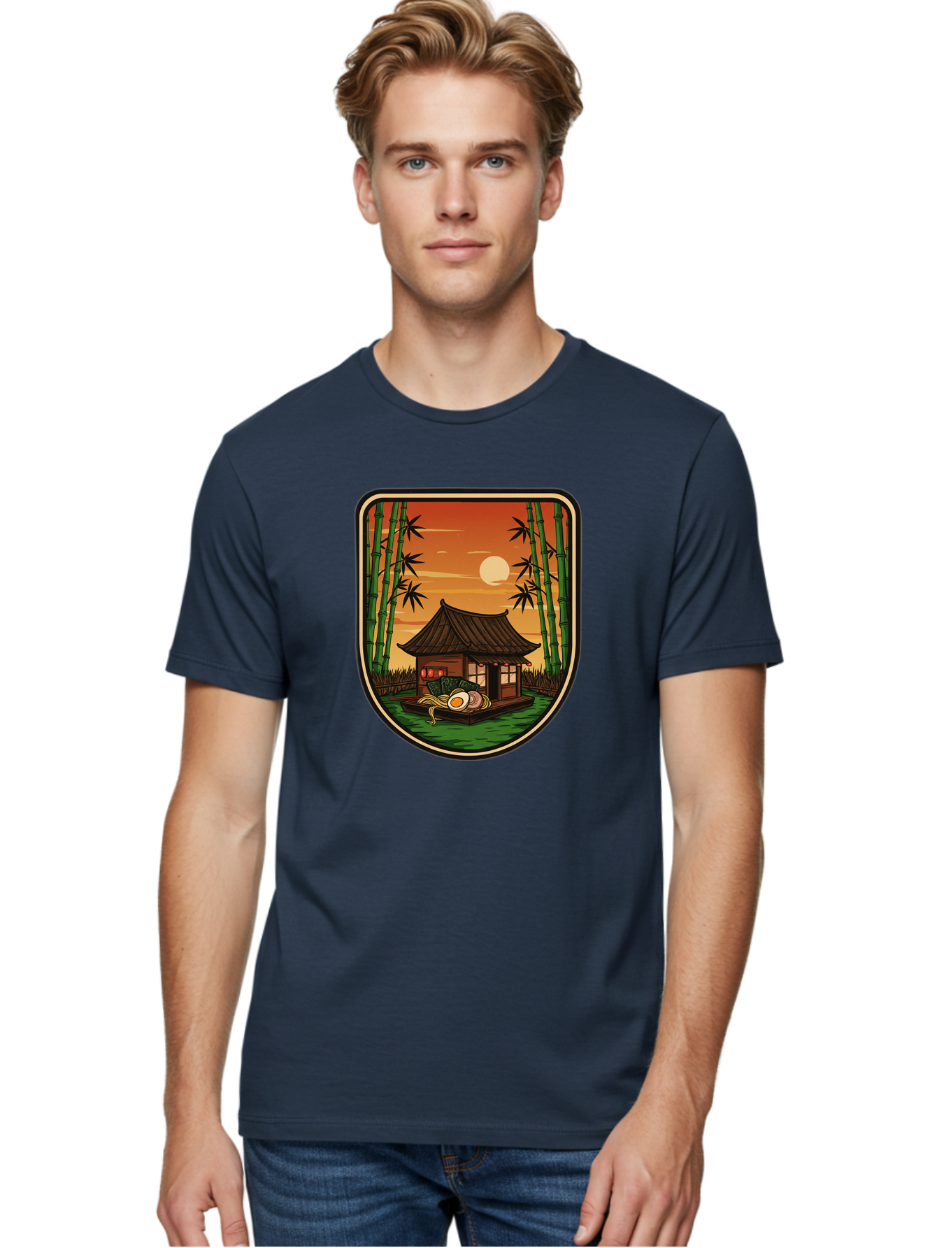Bamboo-House Men'S Graphic Tee, 100% Cotton, Comfortable Casual Summer Wear, Machine Washable, Sake Bottle, Bamboo Forest, Traditional Japanese House, Serene Landscape, Peaceful Atmosphere, Japanese Culture, Evening Scene, Full Moon, Baa147 28