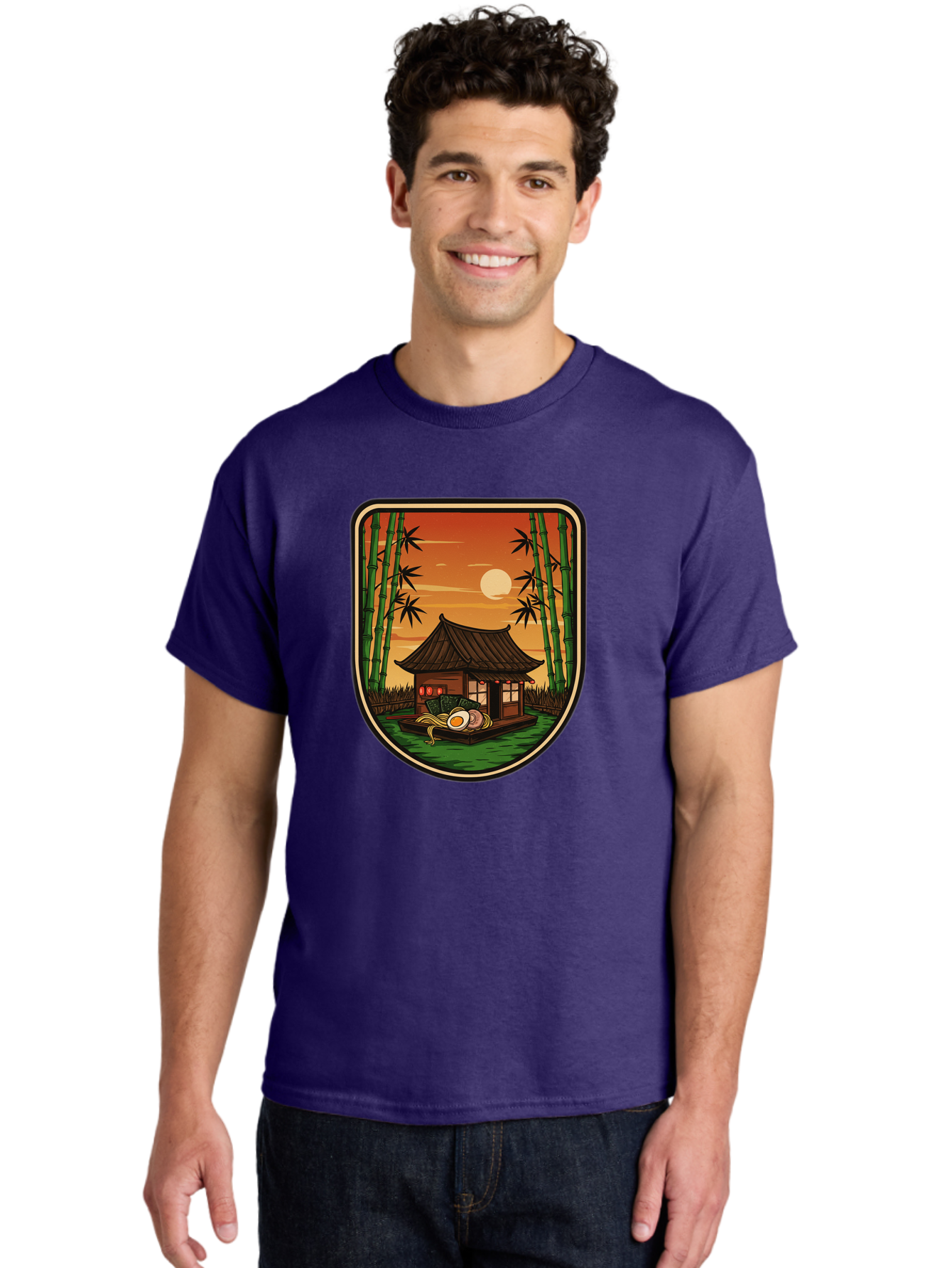 Bamboo-House Men'S Graphic Tee, 100% Cotton, Comfortable Casual Summer Wear, Machine Washable, Sake Bottle, Bamboo Forest, Traditional Japanese House, Serene Landscape, Peaceful Atmosphere, Japanese Culture, Evening Scene, Full Moon, Baa147 20