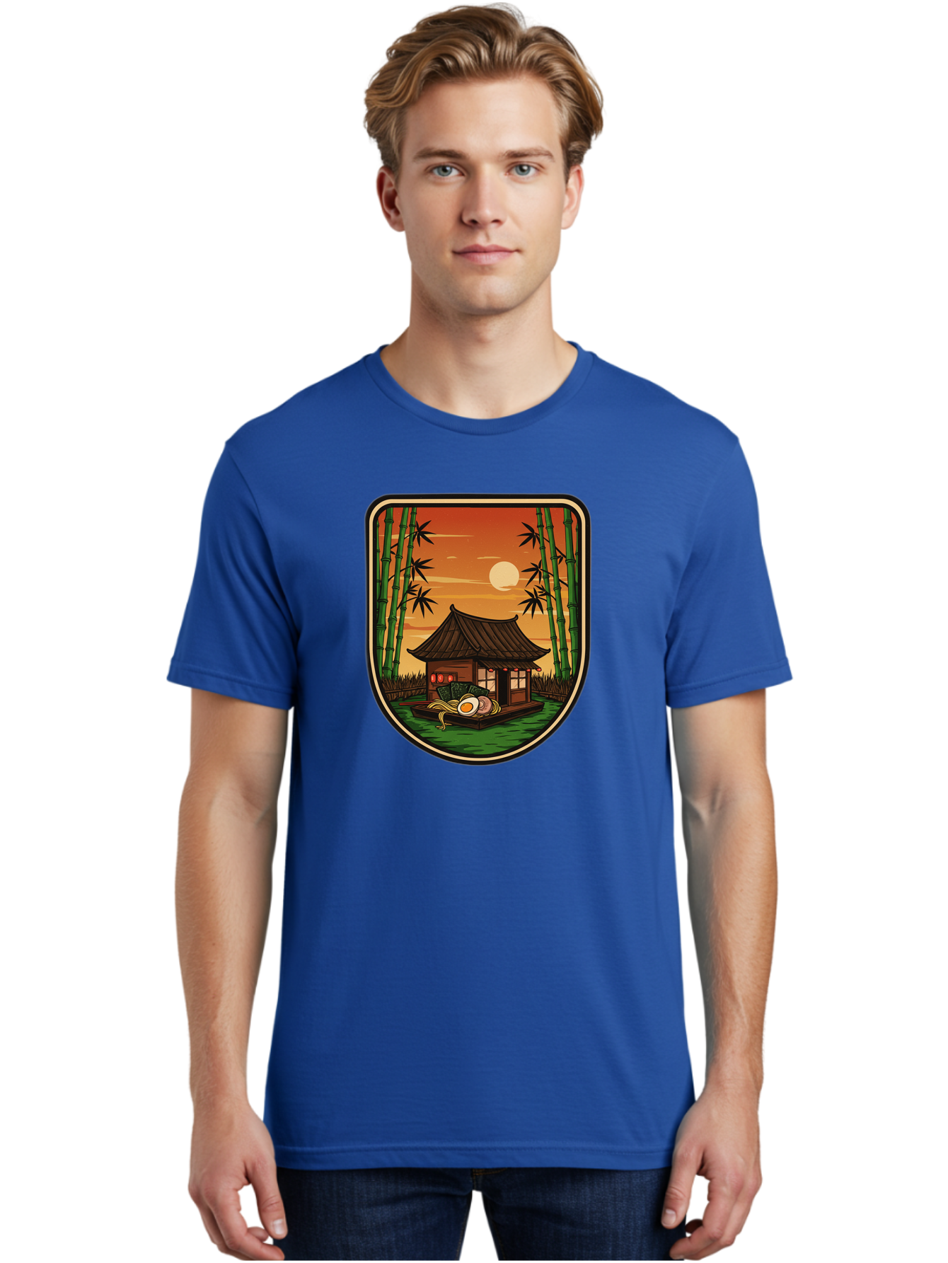 Bamboo-House Men'S Graphic Tee, 100% Cotton, Comfortable Casual Summer Wear, Machine Washable, Sake Bottle, Bamboo Forest, Traditional Japanese House, Serene Landscape, Peaceful Atmosphere, Japanese Culture, Evening Scene, Full Moon, Baa147 4