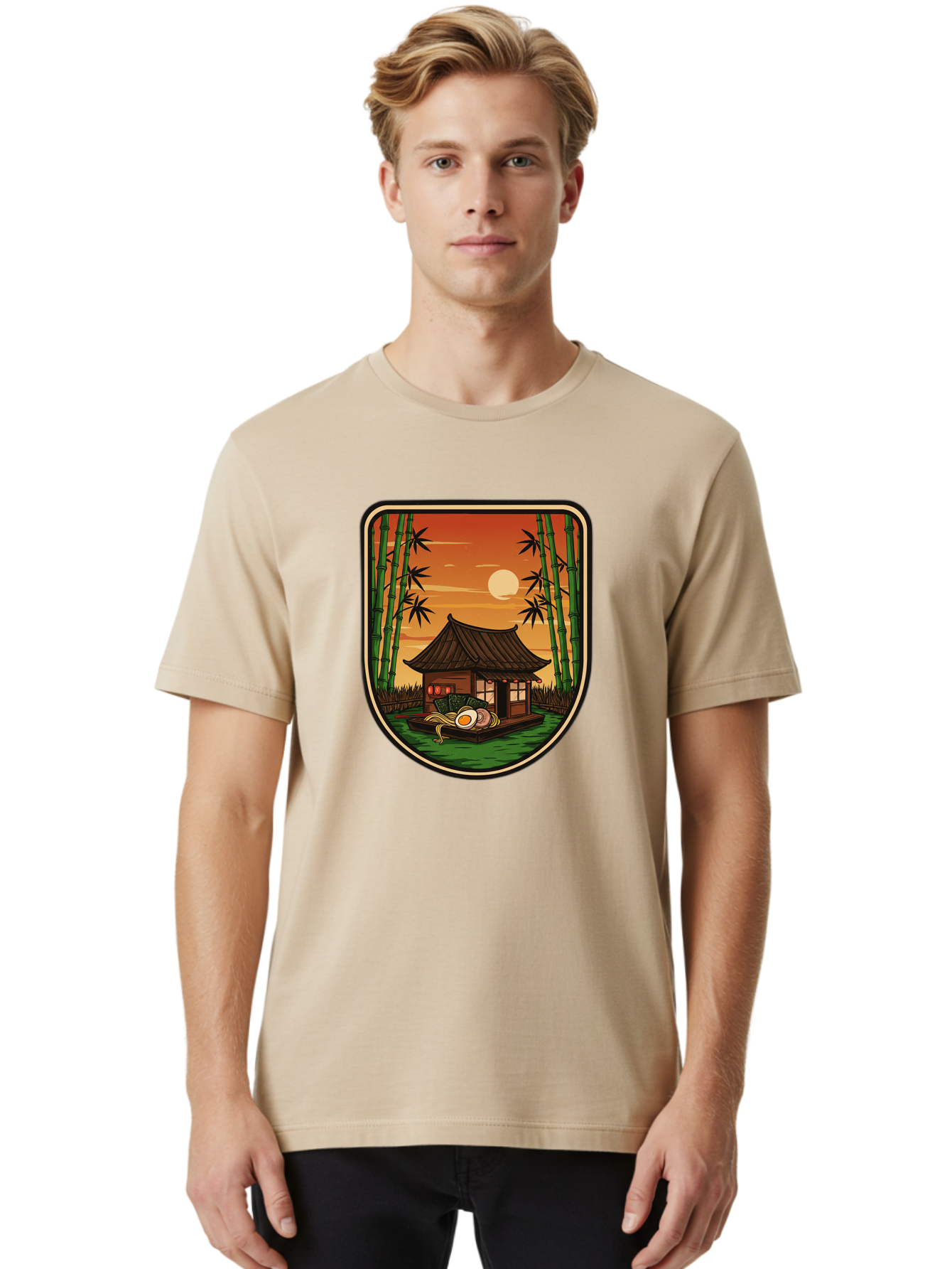 Bamboo-House Men'S Graphic Tee, 100% Cotton, Comfortable Casual Summer Wear, Machine Washable, Sake Bottle, Bamboo Forest, Traditional Japanese House, Serene Landscape, Peaceful Atmosphere, Japanese Culture, Evening Scene, Full Moon, Baa147 14
