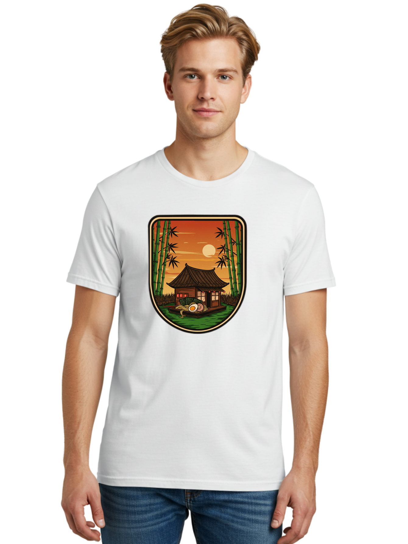 Bamboo-House Men'S Graphic Tee, 100% Cotton, Comfortable Casual Summer Wear, Machine Washable, Sake Bottle, Bamboo Forest, Traditional Japanese House, Serene Landscape, Peaceful Atmosphere, Japanese Culture, Evening Scene, Full Moon, Baa147 16