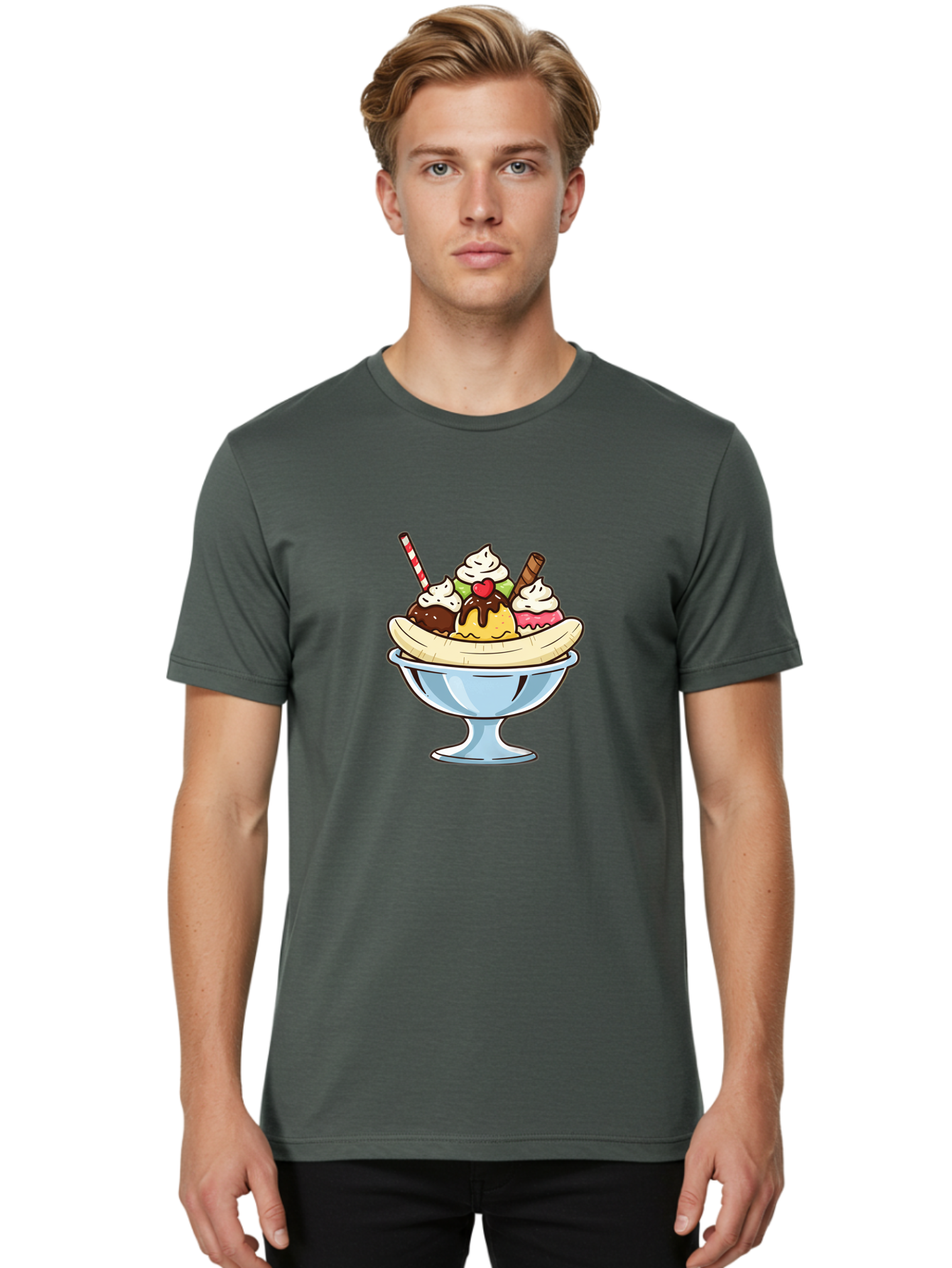 Banana-Split Men'S Graphic Tee, 100% Cotton, Comfortable Casual Summer Wear, Machine Washable, Banana Split, Sundae, Ice Cream Dessert, Whipped Cream, Chocolate Sauce, Cherry On Top, Colorful Treats, Sweet Indulgence Baa148 24