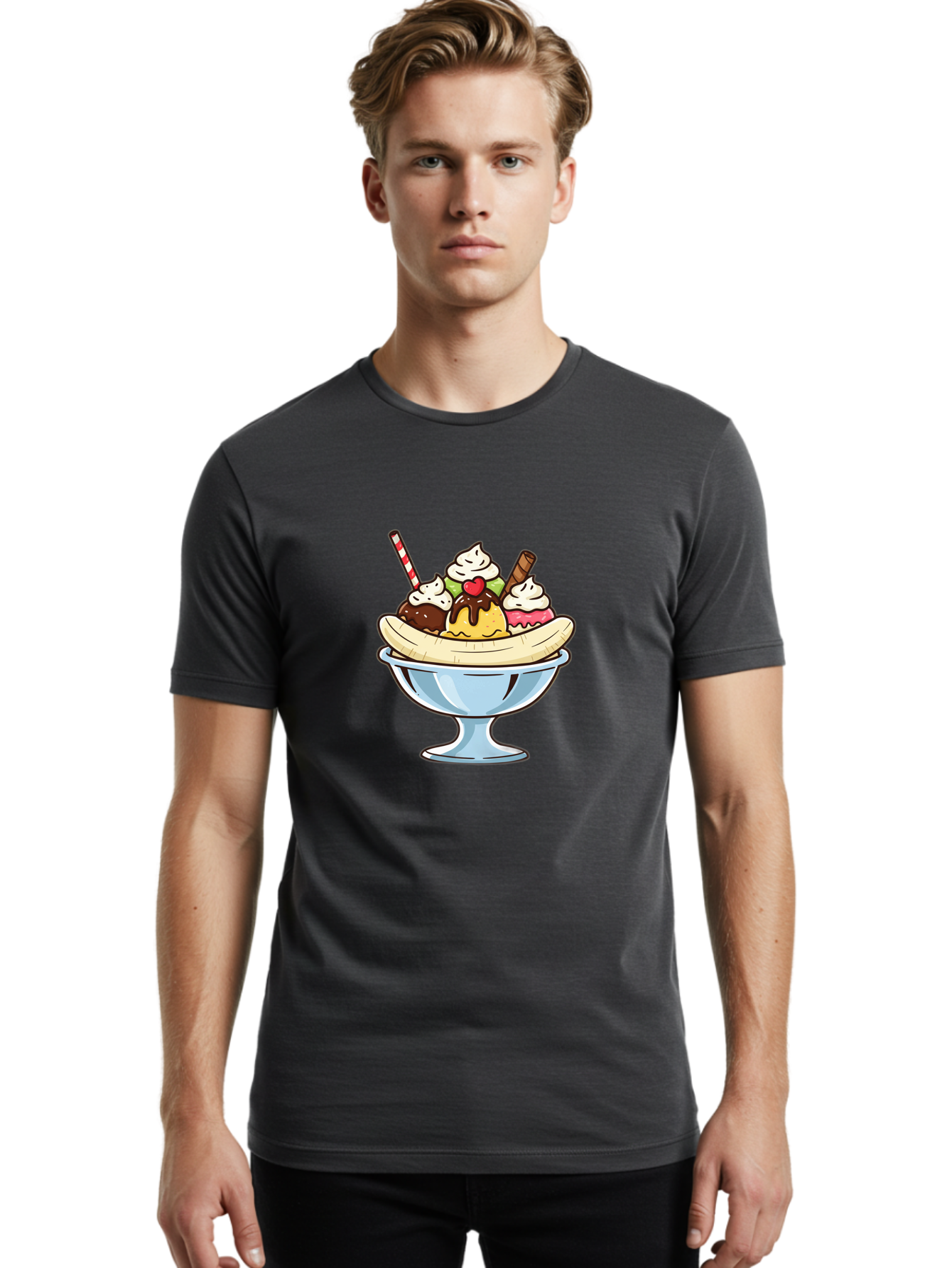 Banana-Split Men'S Graphic Tee, 100% Cotton, Comfortable Casual Summer Wear, Machine Washable, Banana Split, Sundae, Ice Cream Dessert, Whipped Cream, Chocolate Sauce, Cherry On Top, Colorful Treats, Sweet Indulgence Baa148 14