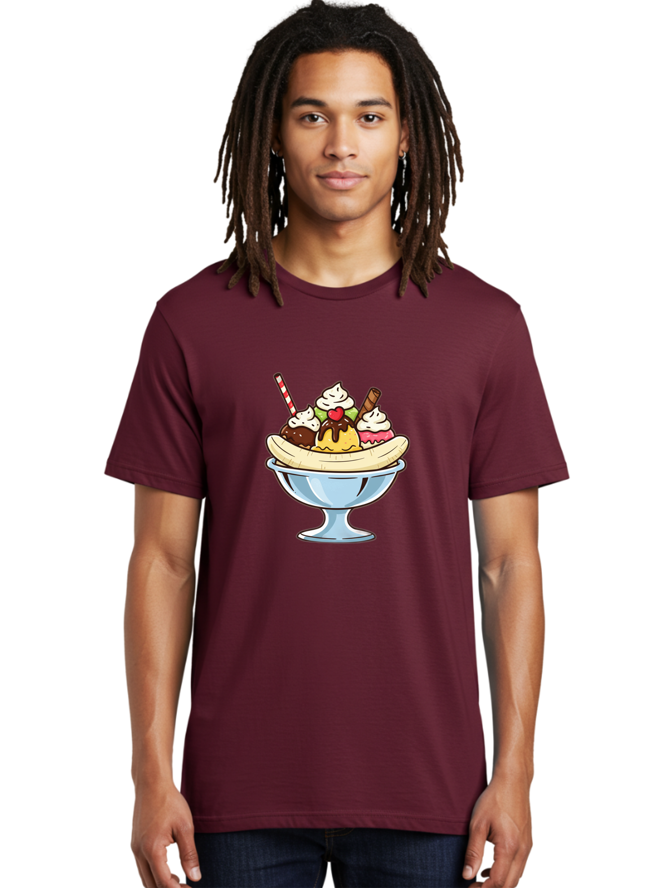 Banana-Split Men'S Graphic Tee, 100% Cotton, Comfortable Casual Summer Wear, Machine Washable, Banana Split, Sundae, Ice Cream Dessert, Whipped Cream, Chocolate Sauce, Cherry On Top, Colorful Treats, Sweet Indulgence Baa148 2