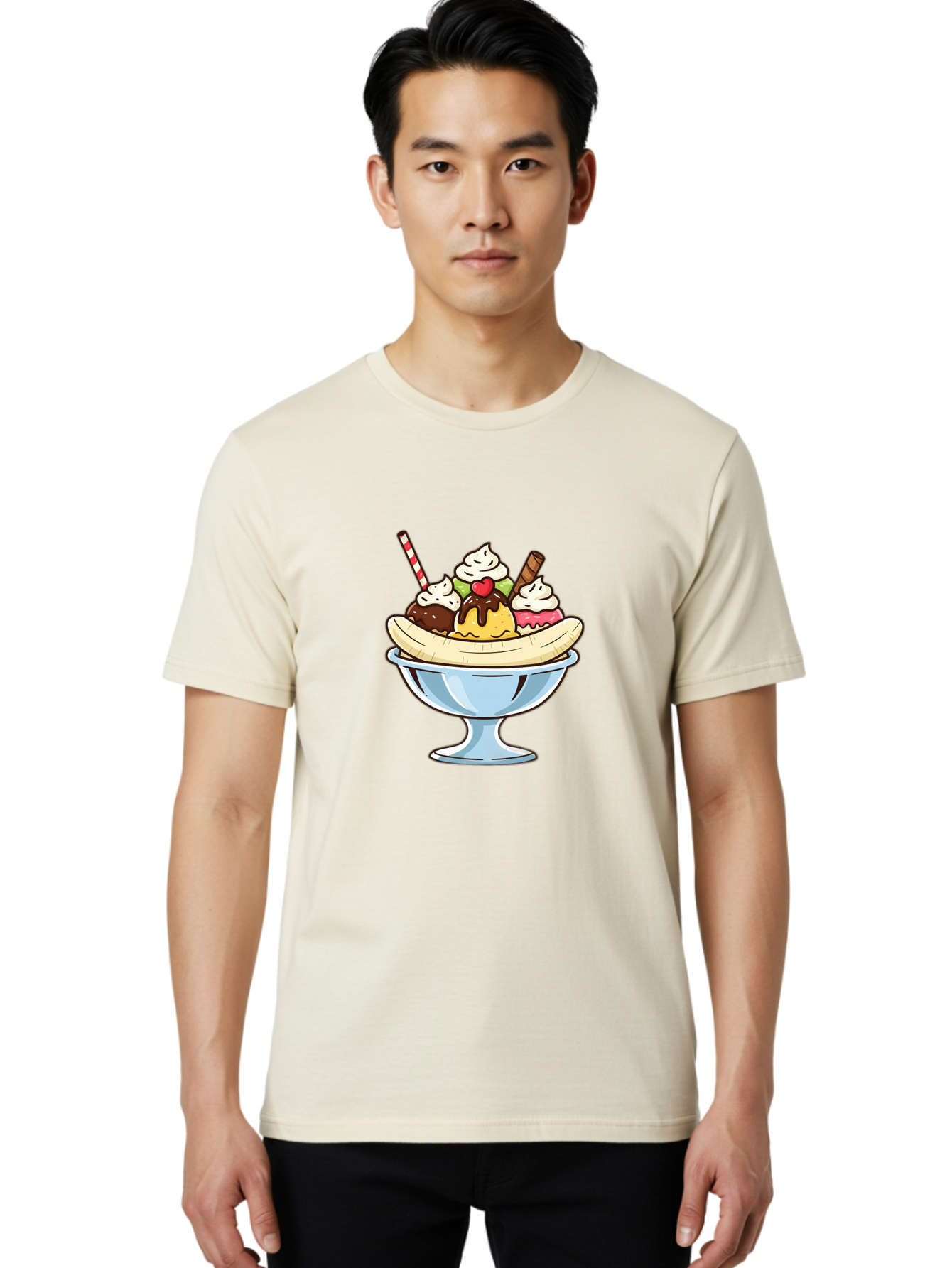 Banana-Split Men'S Graphic Tee, 100% Cotton, Comfortable Casual Summer Wear, Machine Washable, Banana Split, Sundae, Ice Cream Dessert, Whipped Cream, Chocolate Sauce, Cherry On Top, Colorful Treats, Sweet Indulgence Baa148 16