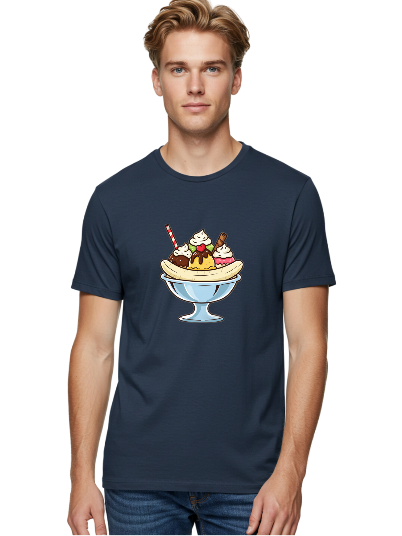 Banana-Split Men'S Graphic Tee, 100% Cotton, Comfortable Casual Summer Wear, Machine Washable, Banana Split, Sundae, Ice Cream Dessert, Whipped Cream, Chocolate Sauce, Cherry On Top, Colorful Treats, Sweet Indulgence Baa148 20