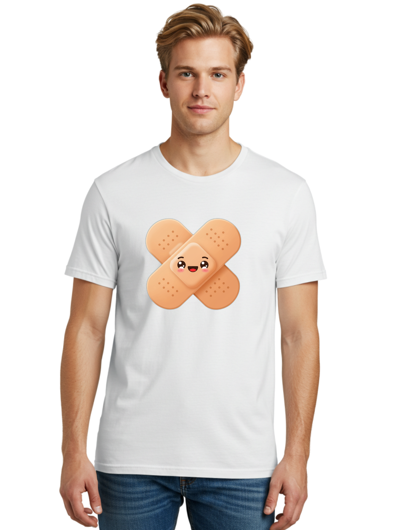 Band-Aid-Cartoon Men'S Graphic Tee, 100% Cotton, Comfortable Casual Summer Wear, Machine Washable, Band-Aid With Face, Cartoon Character, Cute Emoji, Smiling Face, First Aid Kit, Wound Care, Medical Symbol, Adhesive Bandage Baa149 24