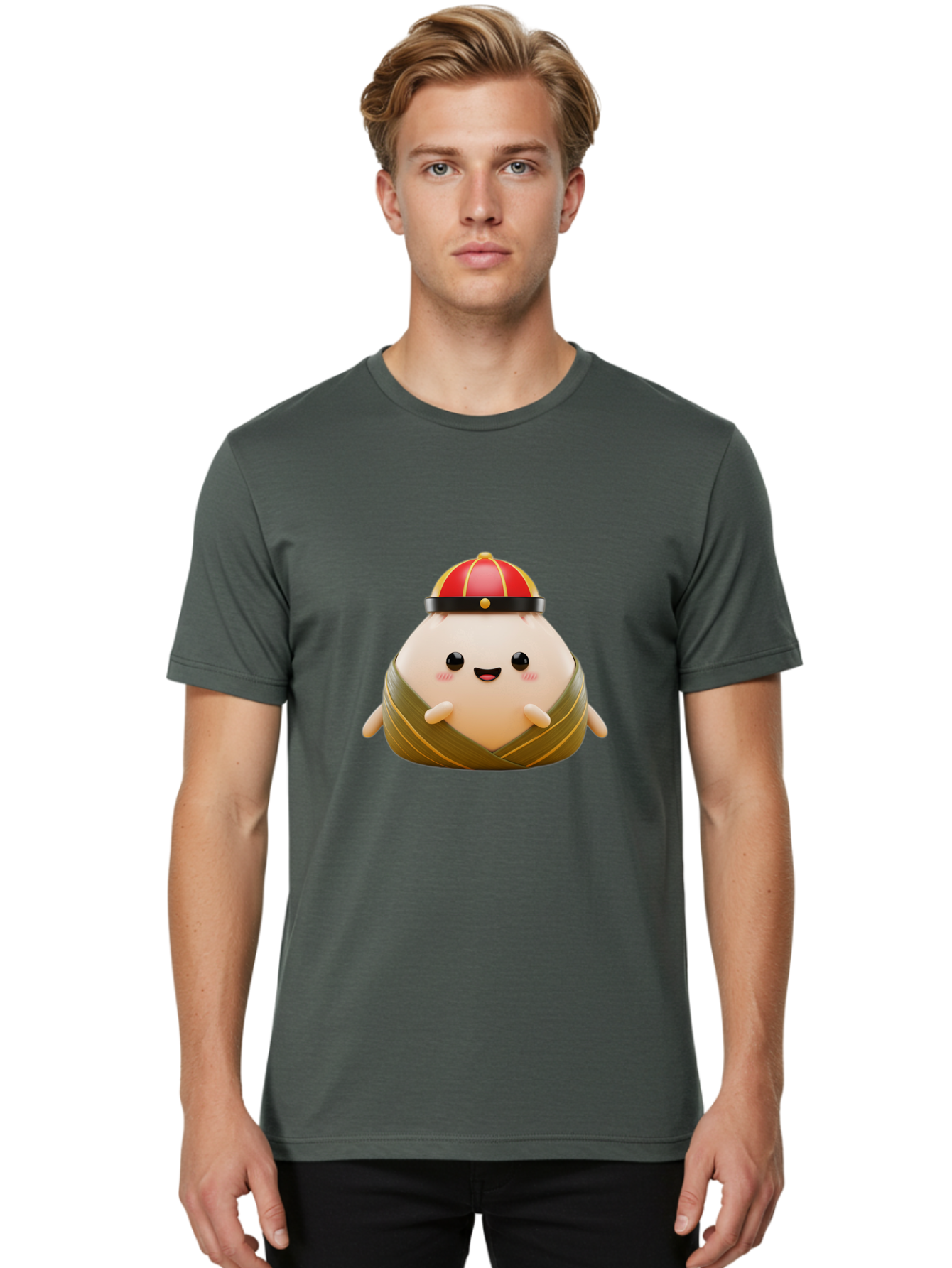 Baozi Men'S Graphic Tee, 100% Cotton, Comfortable Casual Summer Wear, Machine Washable, Cartoon Zongzi, Chinese Rice Dumpling, Traditional Food, Kawaii Character, Red Hat, Joyful Expression, Cute Illustration, Kawaii Art, Festive Food, Baa152 26