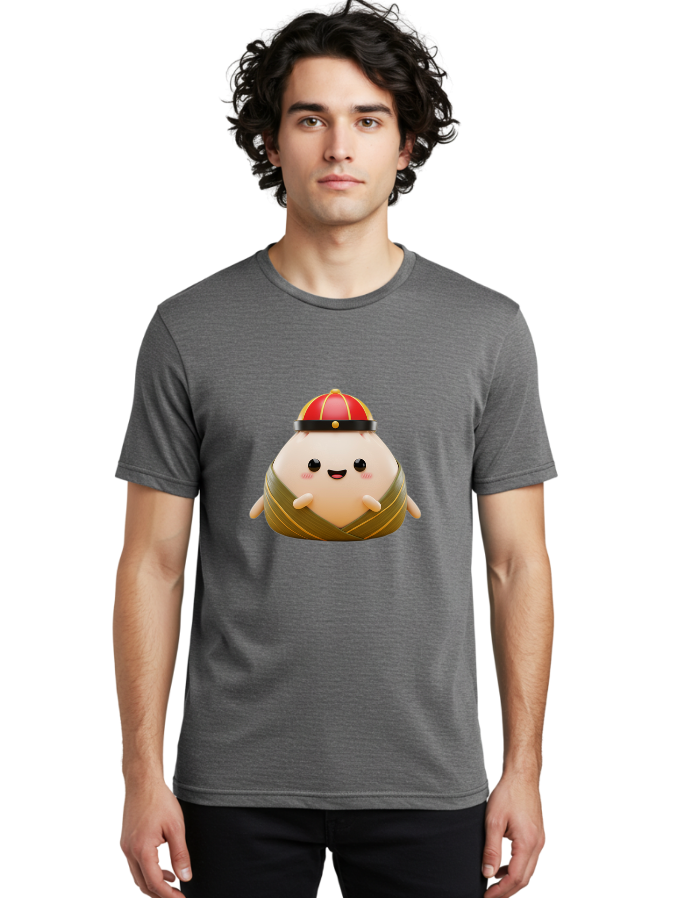 Baozi Men'S Graphic Tee, 100% Cotton, Comfortable Casual Summer Wear, Machine Washable, Cartoon Zongzi, Chinese Rice Dumpling, Traditional Food, Kawaii Character, Red Hat, Joyful Expression, Cute Illustration, Kawaii Art, Festive Food, Baa152 24