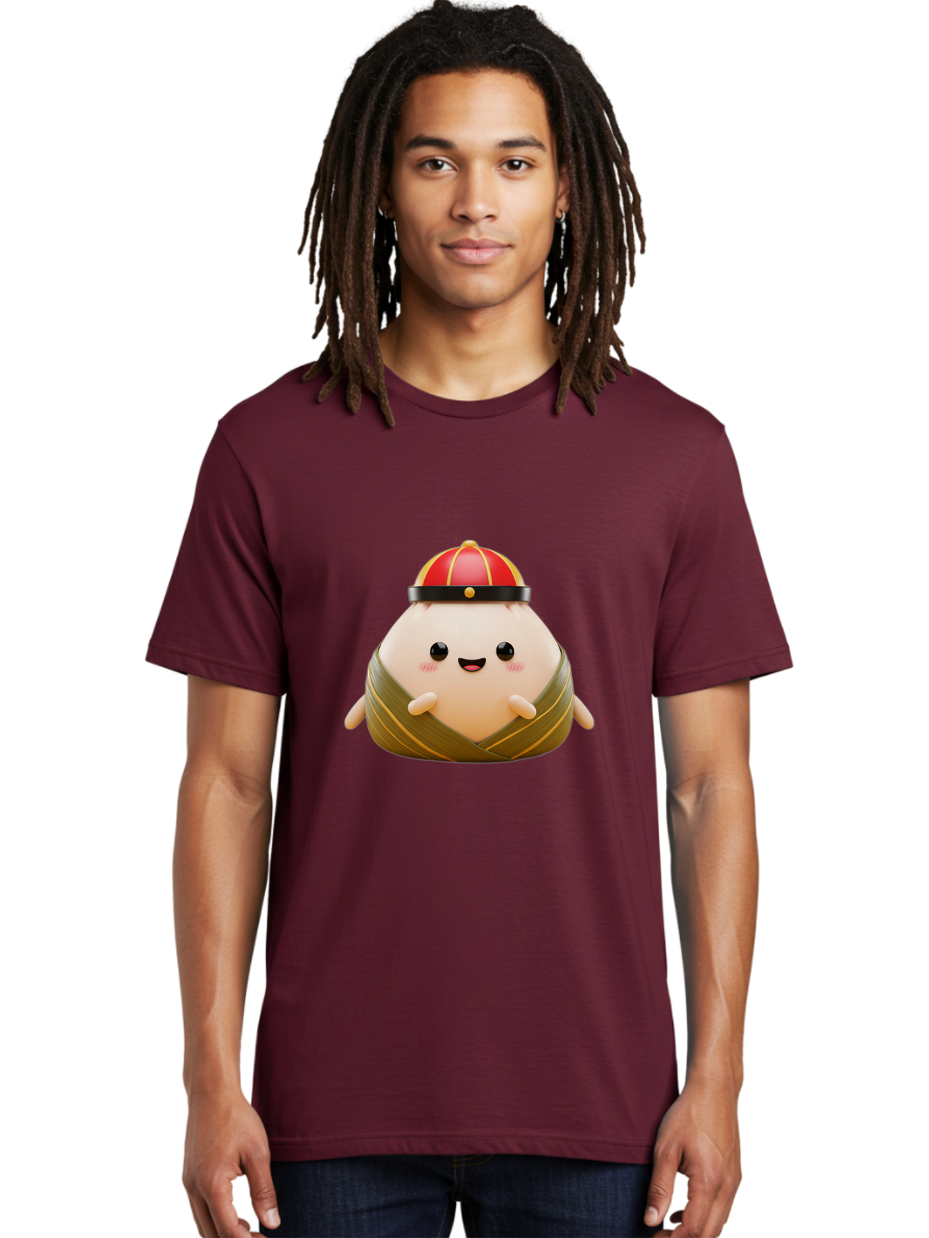 Baozi Men'S Graphic Tee, 100% Cotton, Comfortable Casual Summer Wear, Machine Washable, Cartoon Zongzi, Chinese Rice Dumpling, Traditional Food, Kawaii Character, Red Hat, Joyful Expression, Cute Illustration, Kawaii Art, Festive Food, Baa152 14