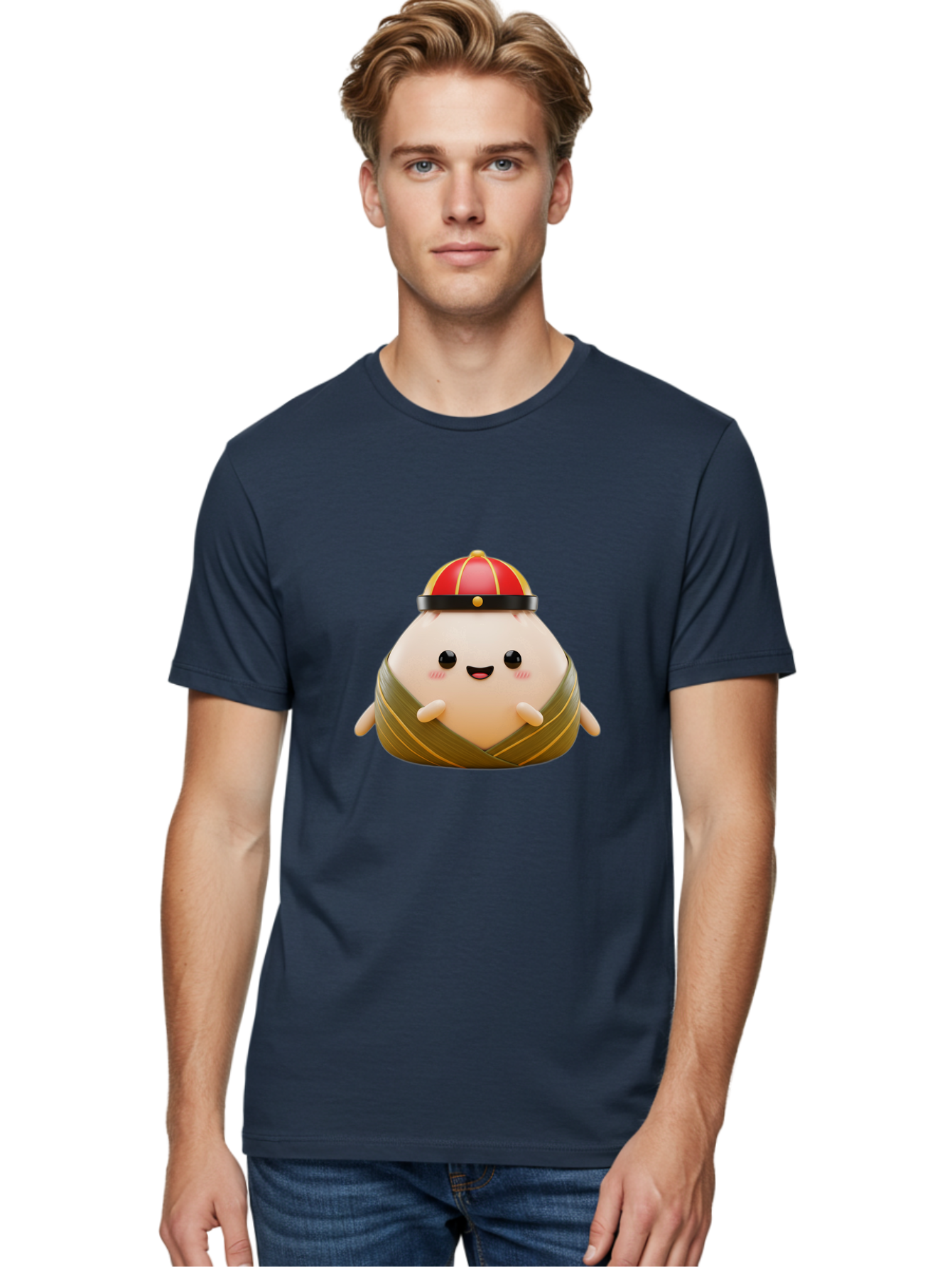 Baozi Men'S Graphic Tee, 100% Cotton, Comfortable Casual Summer Wear, Machine Washable, Cartoon Zongzi, Chinese Rice Dumpling, Traditional Food, Kawaii Character, Red Hat, Joyful Expression, Cute Illustration, Kawaii Art, Festive Food, Baa152 22