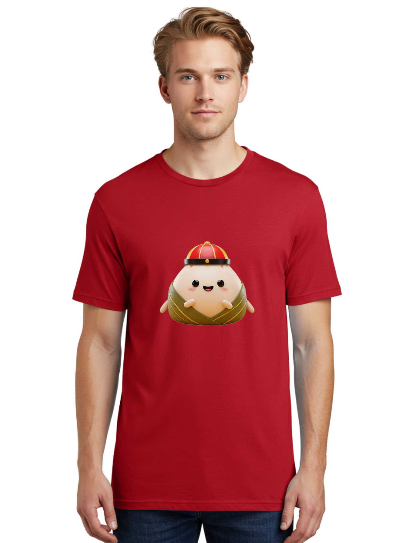Baozi Men'S Graphic Tee, 100% Cotton, Comfortable Casual Summer Wear, Machine Washable, Cartoon Zongzi, Chinese Rice Dumpling, Traditional Food, Kawaii Character, Red Hat, Joyful Expression, Cute Illustration, Kawaii Art, Festive Food, Baa152 20