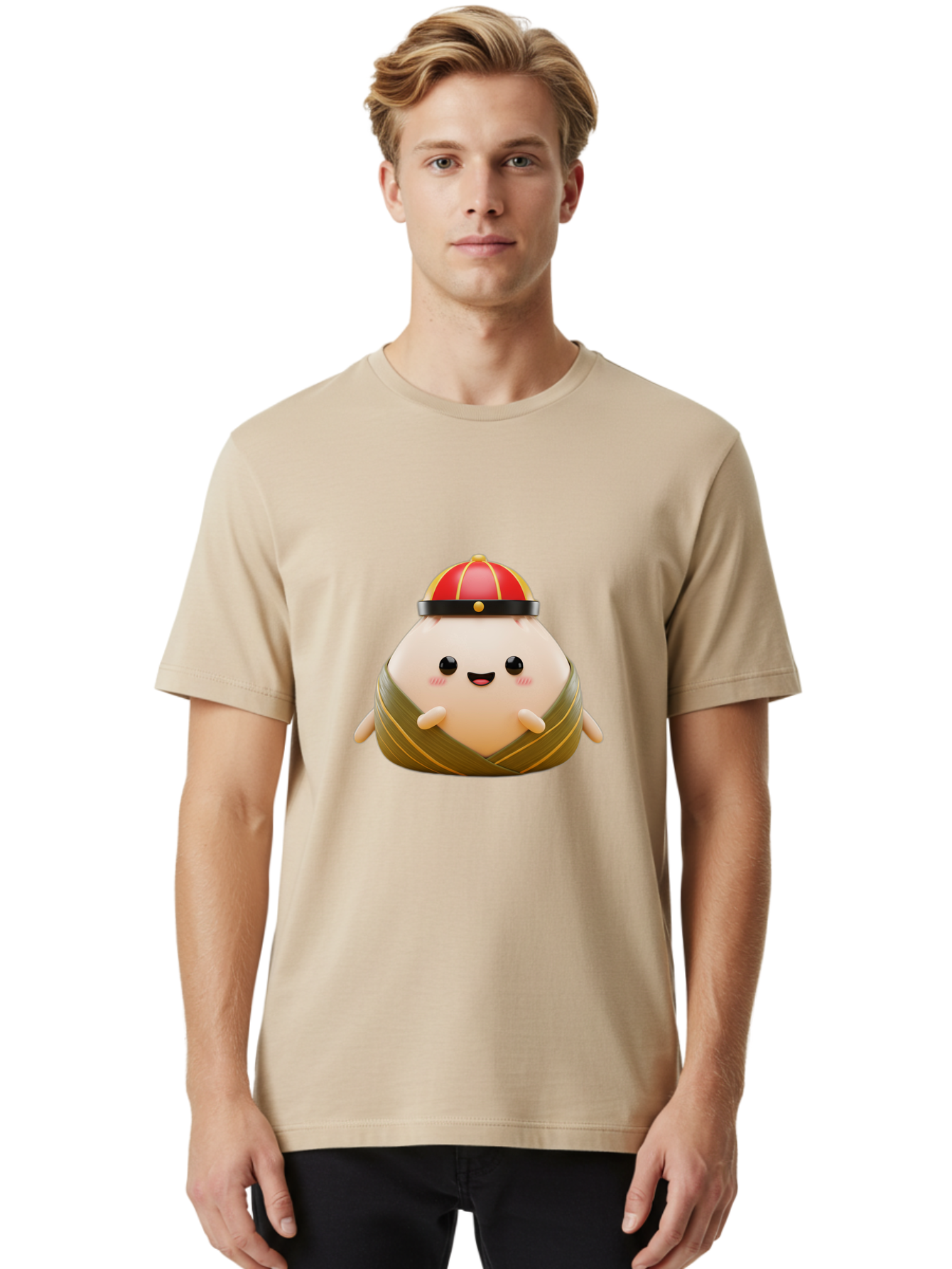 Baozi Men'S Graphic Tee, 100% Cotton, Comfortable Casual Summer Wear, Machine Washable, Cartoon Zongzi, Chinese Rice Dumpling, Traditional Food, Kawaii Character, Red Hat, Joyful Expression, Cute Illustration, Kawaii Art, Festive Food, Baa152 10