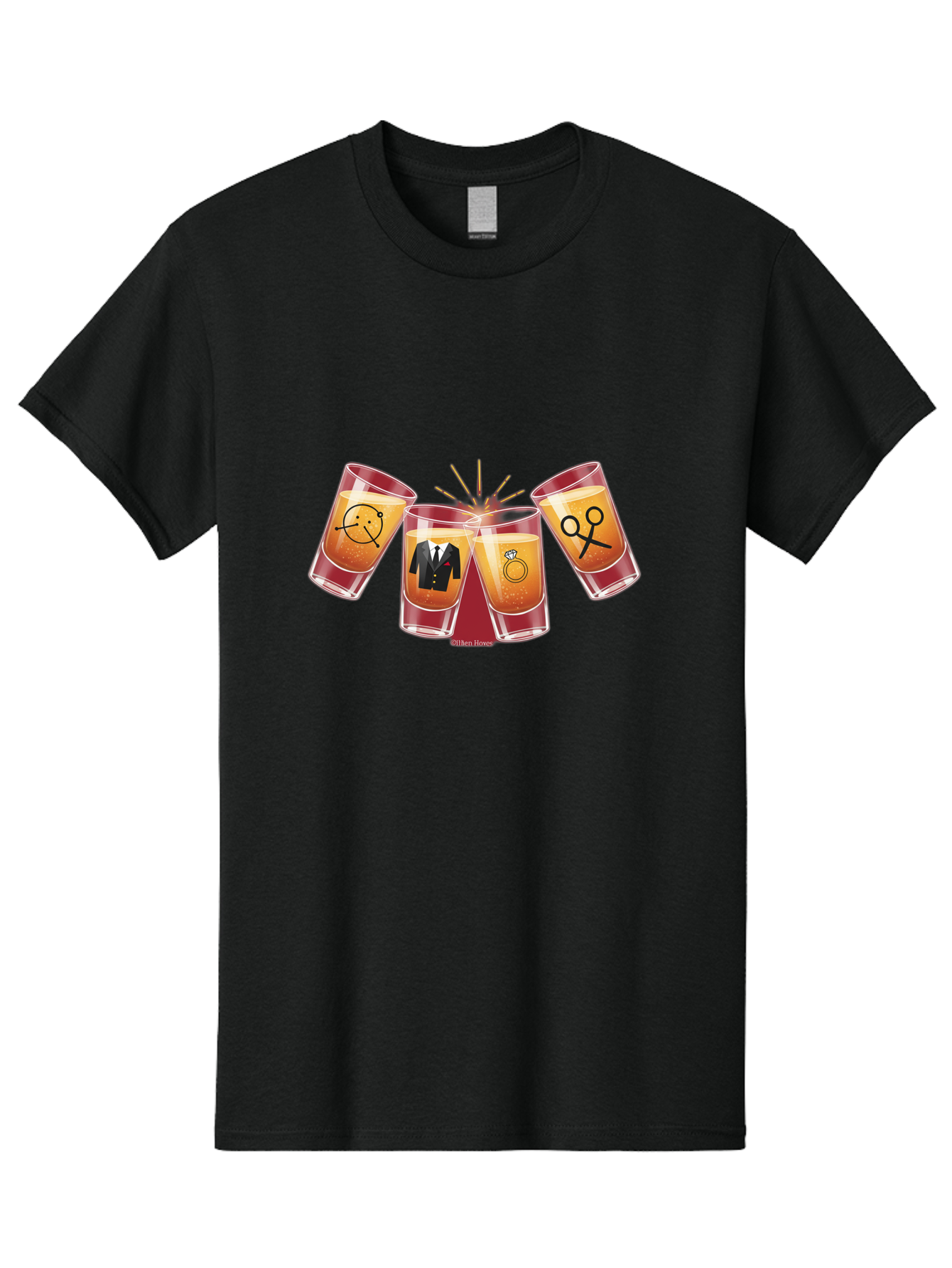 Bar-Brawl Men'S Graphic Tee, 100% Cotton, Comfortable Casual Summer Wear, Machine Washable, Shot Glasses, Orange Liquid, Symbolic Icons, Smiley Face, Tuxedo, Diamond Ring, Scissors, Party, Celebration, Festive Atmosphere Baa153 21