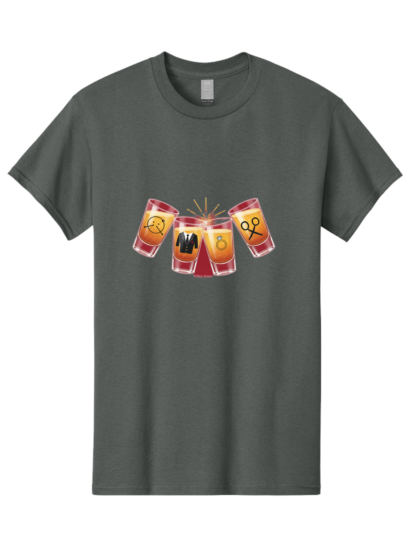 Bar-Brawl Men'S Graphic Tee, 100% Cotton, Comfortable Casual Summer Wear, Machine Washable, Shot Glasses, Orange Liquid, Symbolic Icons, Smiley Face, Tuxedo, Diamond Ring, Scissors, Party, Celebration, Festive Atmosphere Baa153 17