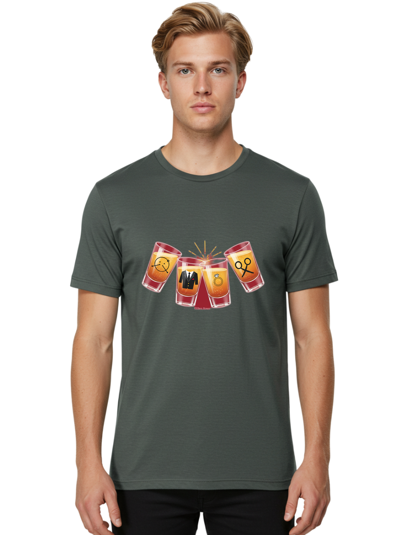 Bar-Brawl Men'S Graphic Tee, 100% Cotton, Comfortable Casual Summer Wear, Machine Washable, Shot Glasses, Orange Liquid, Symbolic Icons, Smiley Face, Tuxedo, Diamond Ring, Scissors, Party, Celebration, Festive Atmosphere Baa153 18