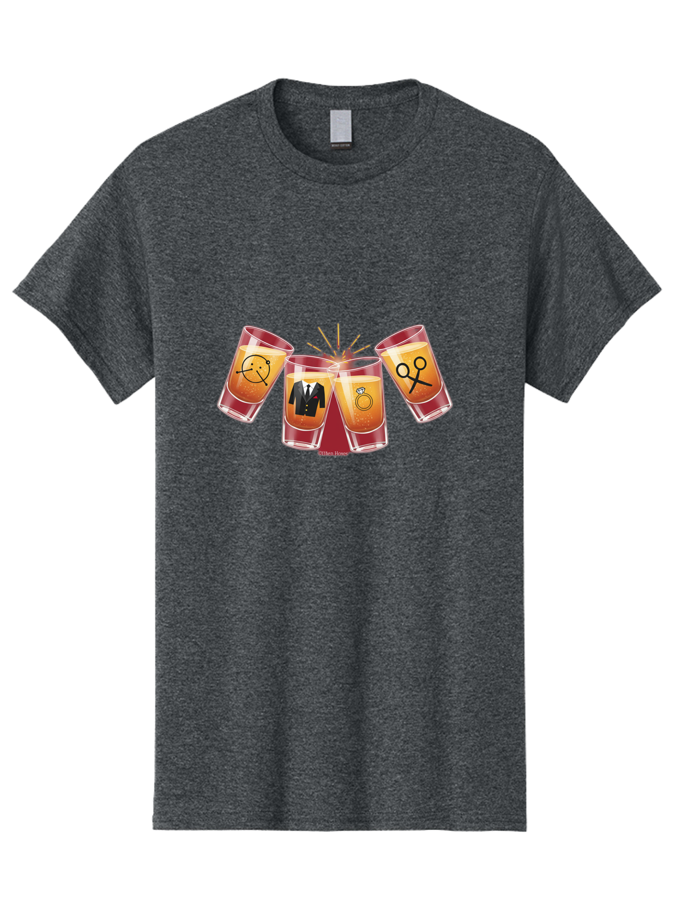 Bar-Brawl Men'S Graphic Tee, 100% Cotton, Comfortable Casual Summer Wear, Machine Washable, Shot Glasses, Orange Liquid, Symbolic Icons, Smiley Face, Tuxedo, Diamond Ring, Scissors, Party, Celebration, Festive Atmosphere Baa153 27