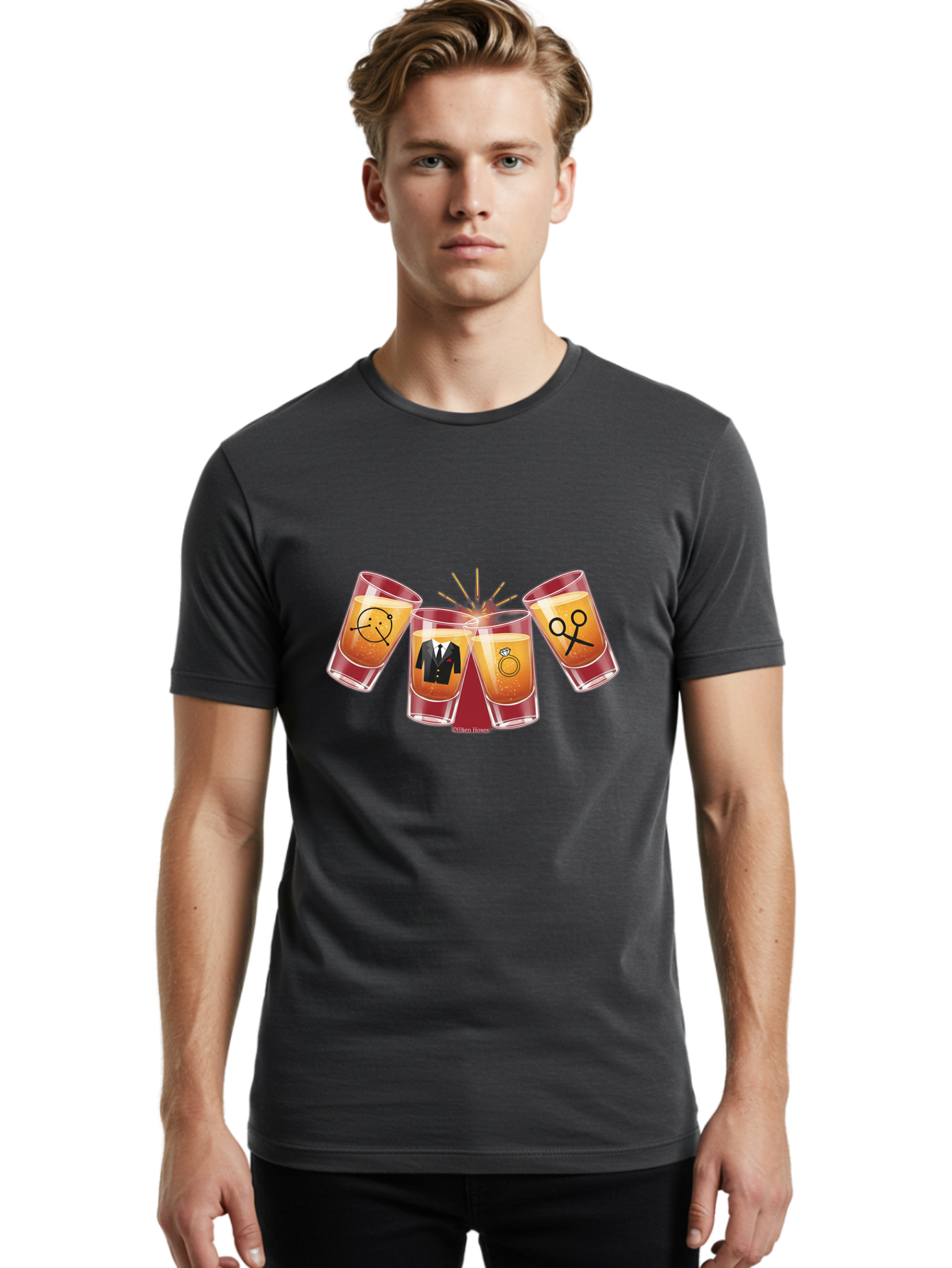 Bar-Brawl Men'S Graphic Tee, 100% Cotton, Comfortable Casual Summer Wear, Machine Washable, Shot Glasses, Orange Liquid, Symbolic Icons, Smiley Face, Tuxedo, Diamond Ring, Scissors, Party, Celebration, Festive Atmosphere Baa153 28