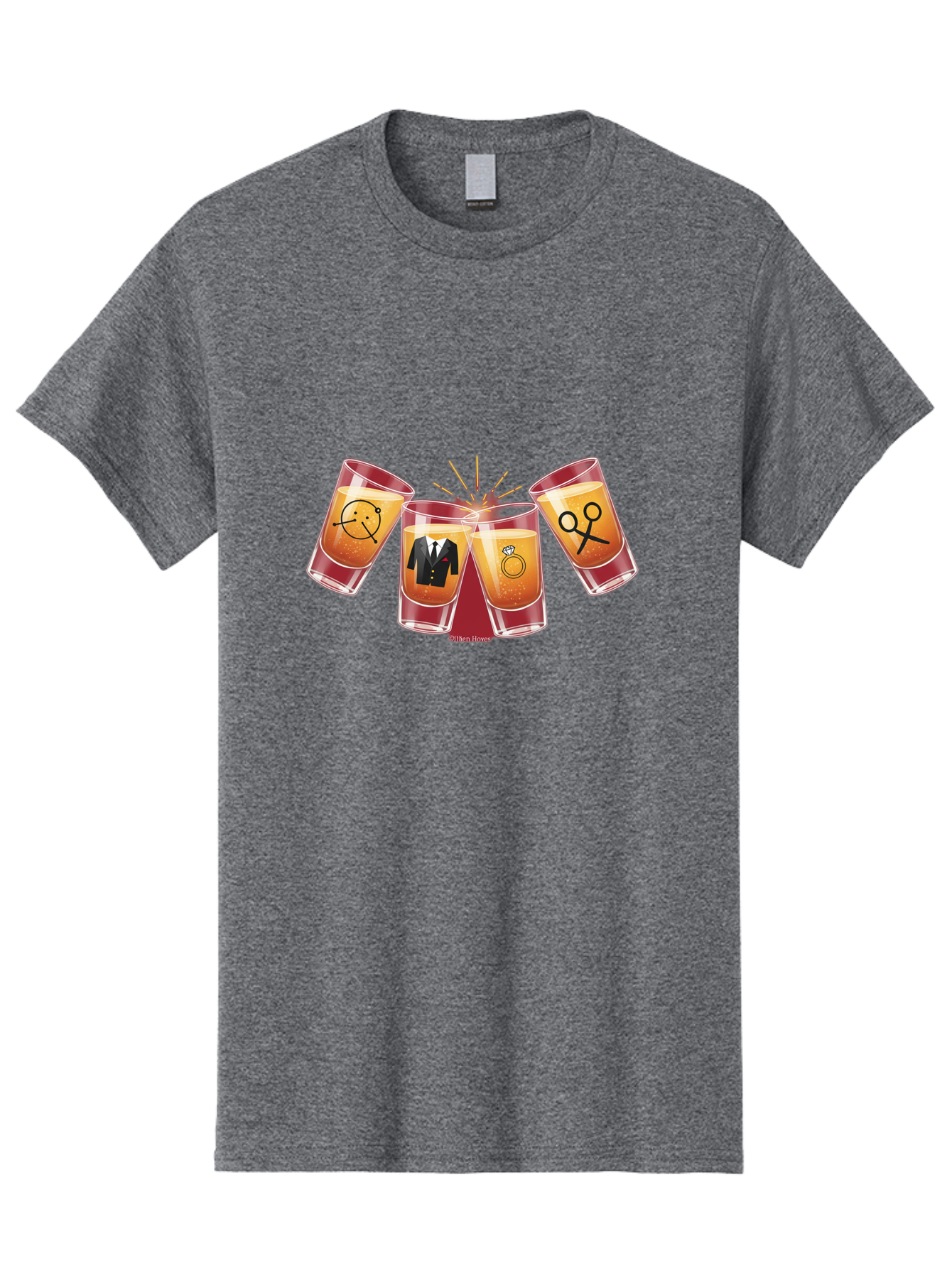Bar-Brawl Men'S Graphic Tee, 100% Cotton, Comfortable Casual Summer Wear, Machine Washable, Shot Glasses, Orange Liquid, Symbolic Icons, Smiley Face, Tuxedo, Diamond Ring, Scissors, Party, Celebration, Festive Atmosphere Baa153 11