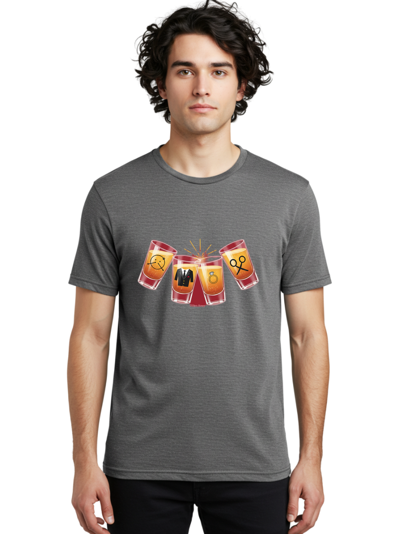 Bar-Brawl Men'S Graphic Tee, 100% Cotton, Comfortable Casual Summer Wear, Machine Washable, Shot Glasses, Orange Liquid, Symbolic Icons, Smiley Face, Tuxedo, Diamond Ring, Scissors, Party, Celebration, Festive Atmosphere Baa153 12