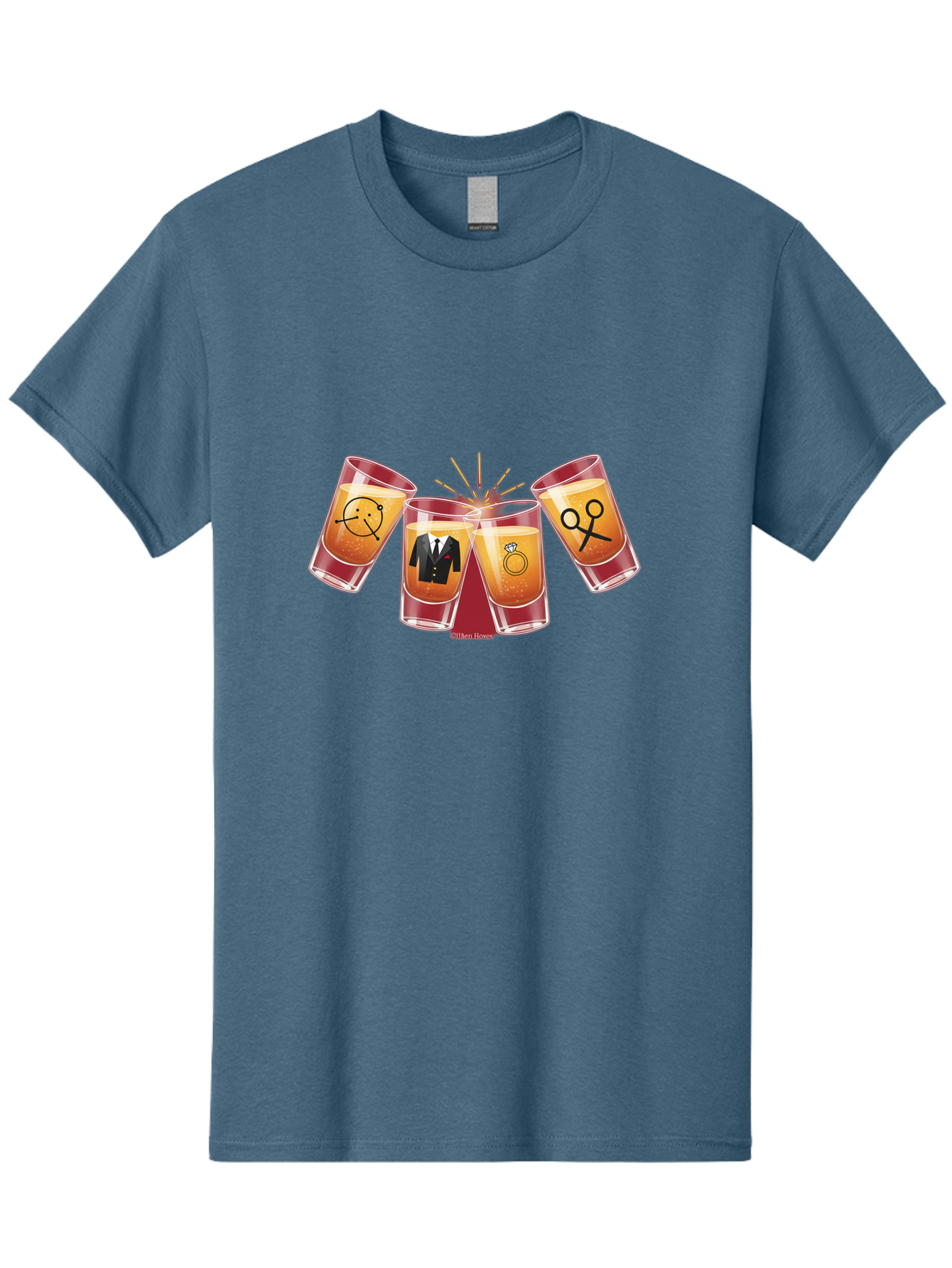 Bar-Brawl Men'S Graphic Tee, 100% Cotton, Comfortable Casual Summer Wear, Machine Washable, Shot Glasses, Orange Liquid, Symbolic Icons, Smiley Face, Tuxedo, Diamond Ring, Scissors, Party, Celebration, Festive Atmosphere Baa153 29