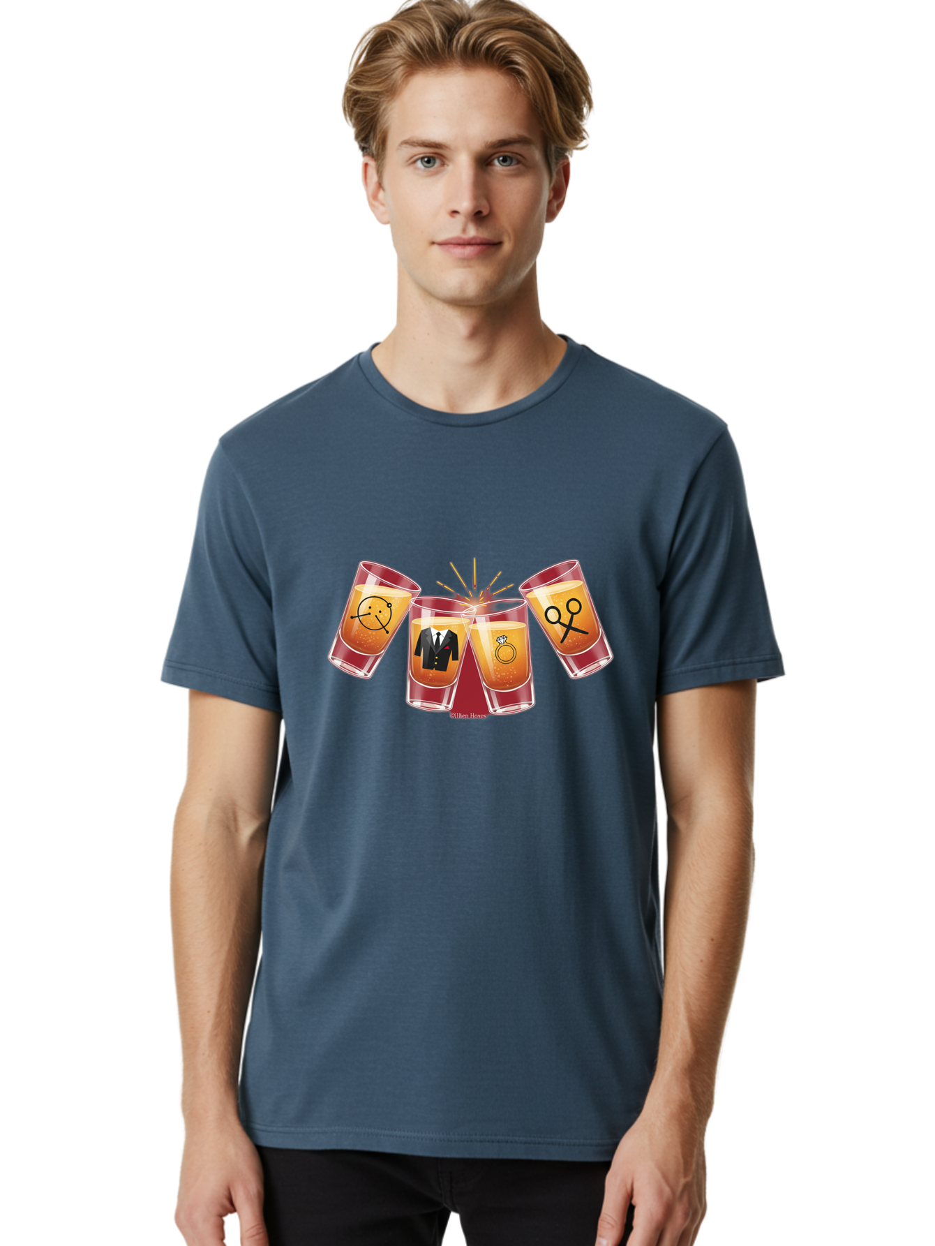Bar-Brawl Men'S Graphic Tee, 100% Cotton, Comfortable Casual Summer Wear, Machine Washable, Shot Glasses, Orange Liquid, Symbolic Icons, Smiley Face, Tuxedo, Diamond Ring, Scissors, Party, Celebration, Festive Atmosphere Baa153 30