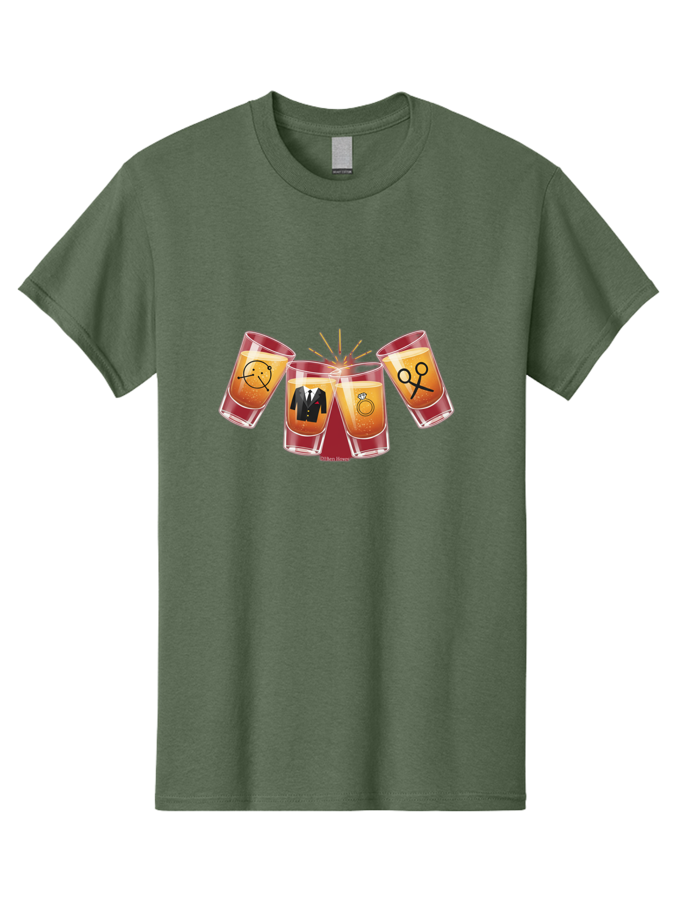 Bar-Brawl Men'S Graphic Tee, 100% Cotton, Comfortable Casual Summer Wear, Machine Washable, Shot Glasses, Orange Liquid, Symbolic Icons, Smiley Face, Tuxedo, Diamond Ring, Scissors, Party, Celebration, Festive Atmosphere Baa153 9