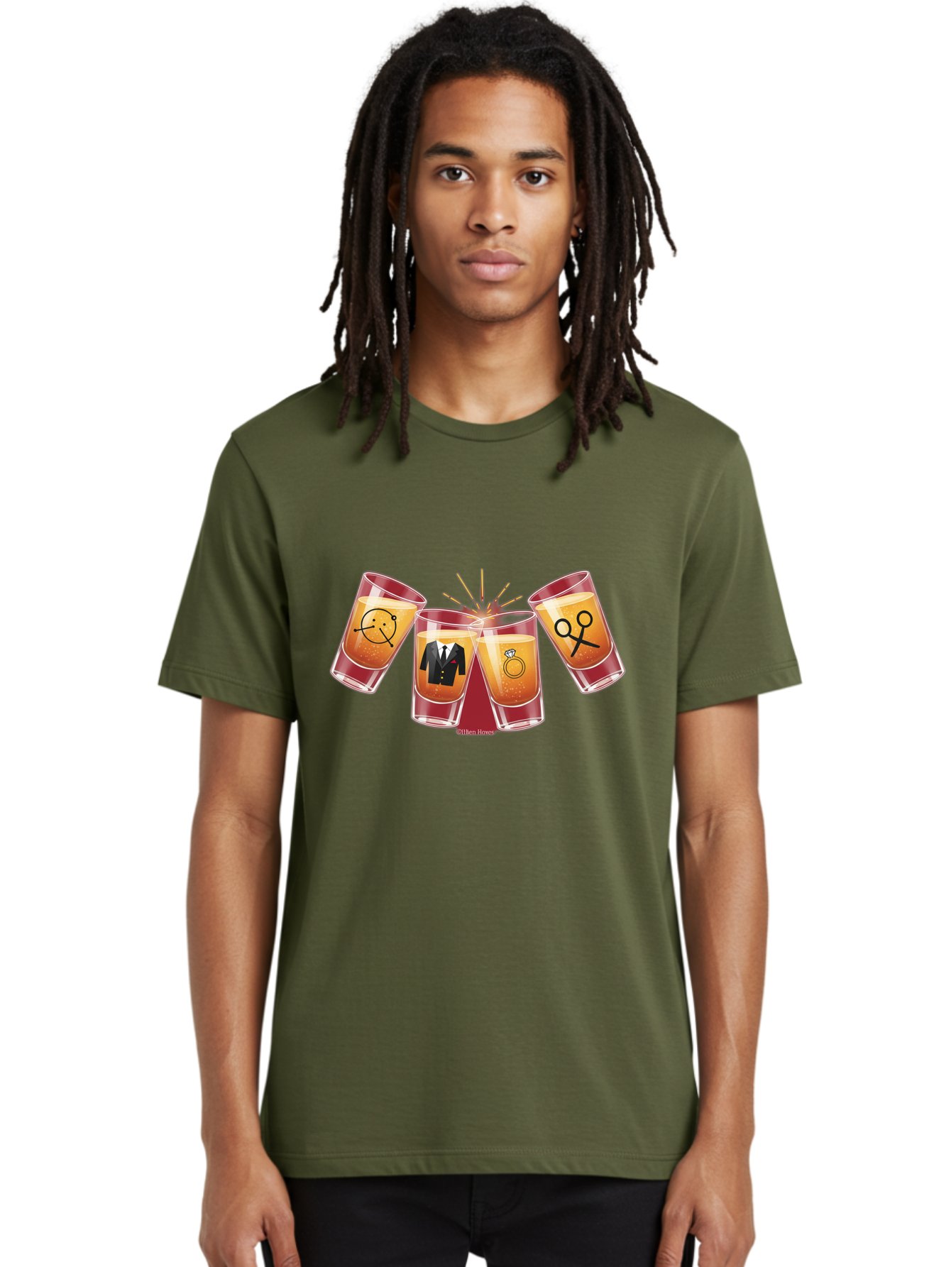 Bar-Brawl Men'S Graphic Tee, 100% Cotton, Comfortable Casual Summer Wear, Machine Washable, Shot Glasses, Orange Liquid, Symbolic Icons, Smiley Face, Tuxedo, Diamond Ring, Scissors, Party, Celebration, Festive Atmosphere Baa153 10