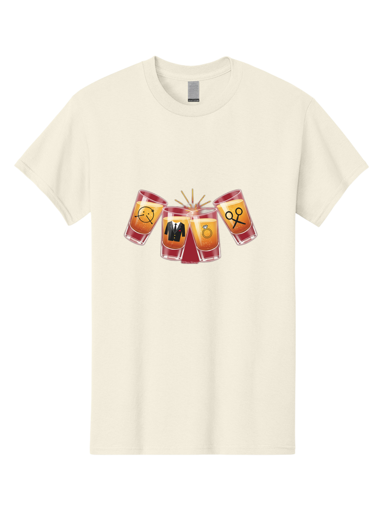 Bar-Brawl Men'S Graphic Tee, 100% Cotton, Comfortable Casual Summer Wear, Machine Washable, Shot Glasses, Orange Liquid, Symbolic Icons, Smiley Face, Tuxedo, Diamond Ring, Scissors, Party, Celebration, Festive Atmosphere Baa153 5