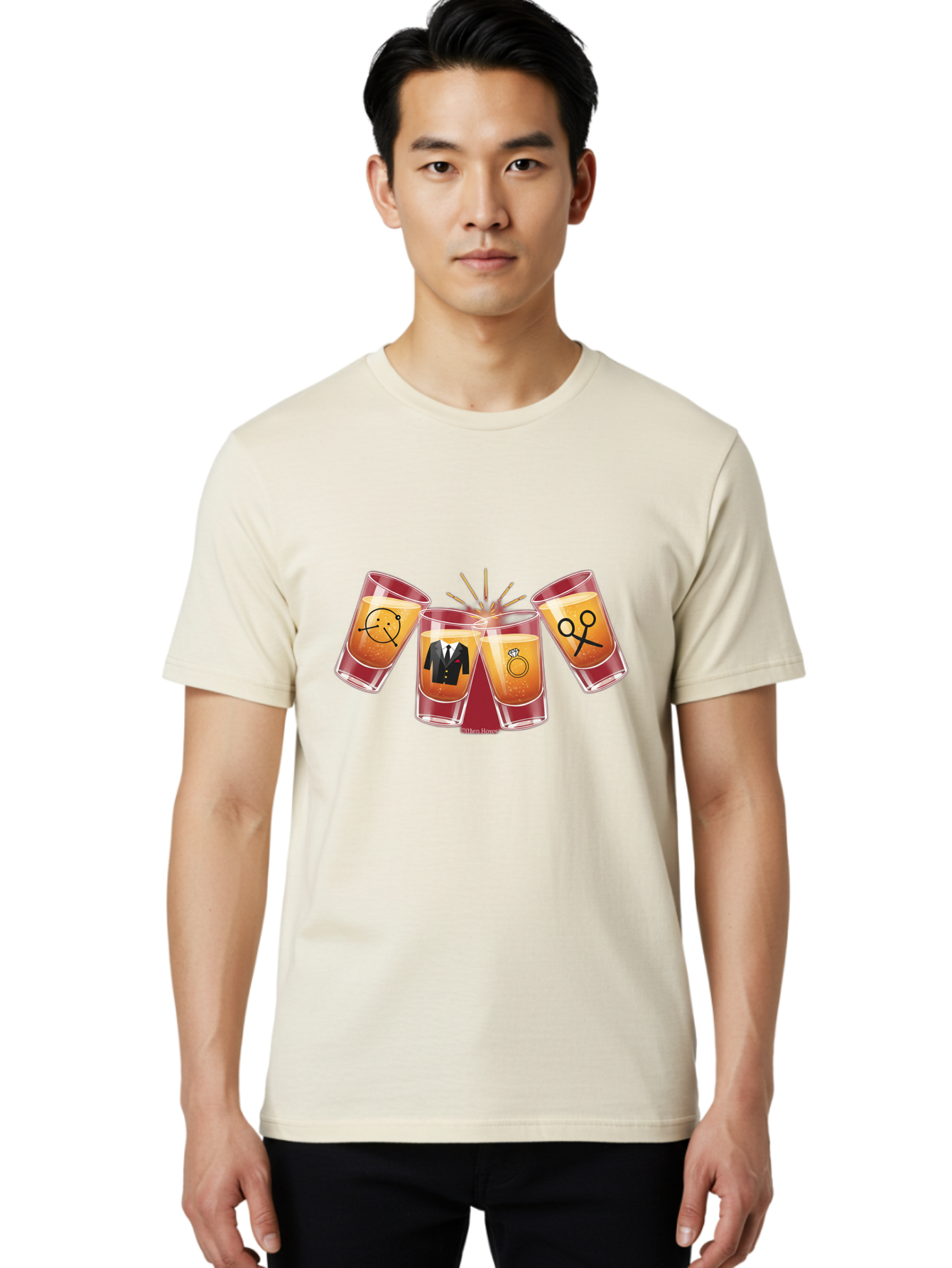 Bar-Brawl Men'S Graphic Tee, 100% Cotton, Comfortable Casual Summer Wear, Machine Washable, Shot Glasses, Orange Liquid, Symbolic Icons, Smiley Face, Tuxedo, Diamond Ring, Scissors, Party, Celebration, Festive Atmosphere Baa153 6