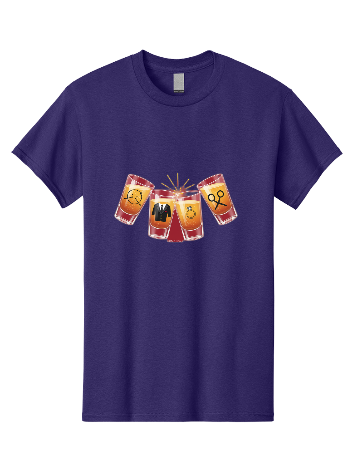 Bar-Brawl Men'S Graphic Tee, 100% Cotton, Comfortable Casual Summer Wear, Machine Washable, Shot Glasses, Orange Liquid, Symbolic Icons, Smiley Face, Tuxedo, Diamond Ring, Scissors, Party, Celebration, Festive Atmosphere Baa153 7